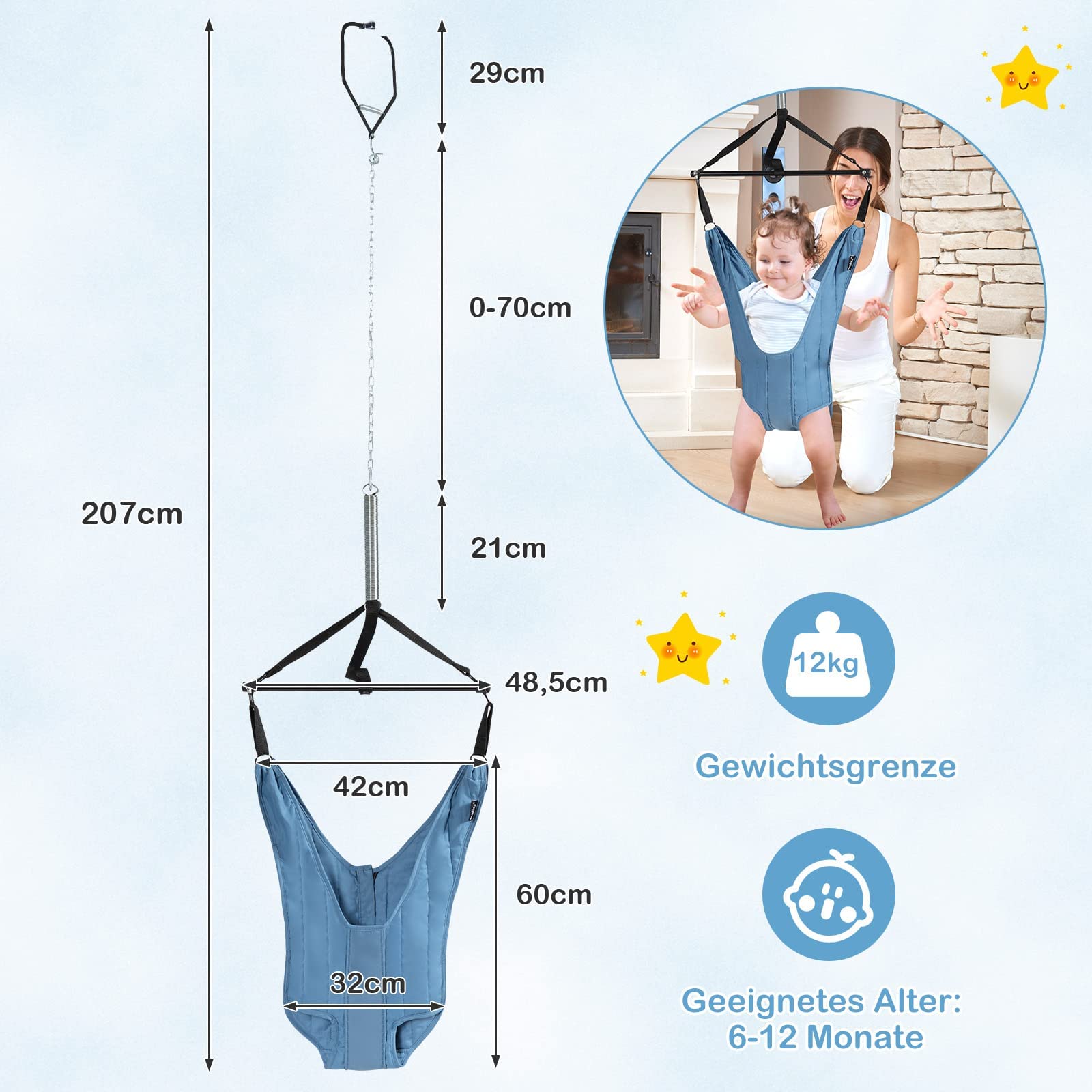 COSTWAY Baby Türhopser längenverstellbar, Tür Schaukel, Türrahmen Jumper inkl. Türklammer, für Kleinkinder von 6-12 Monate (Blau)