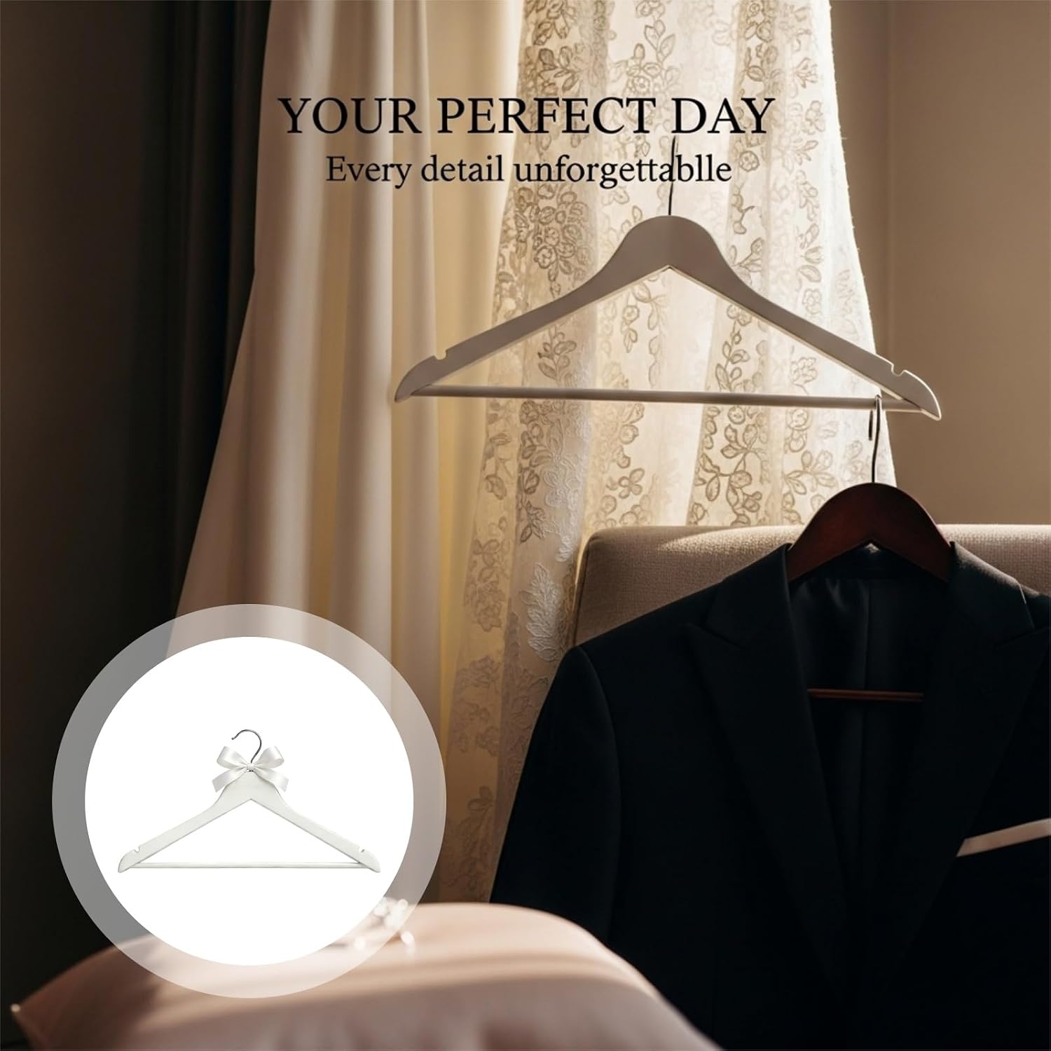 2 Pcs Solid Wood Wedding Dress Hangers, Bride and Groom Hangers with Silk Bows, White & Vintage Style, for Gown, Suit, Photography, Gift, 15 in / 38 Cm