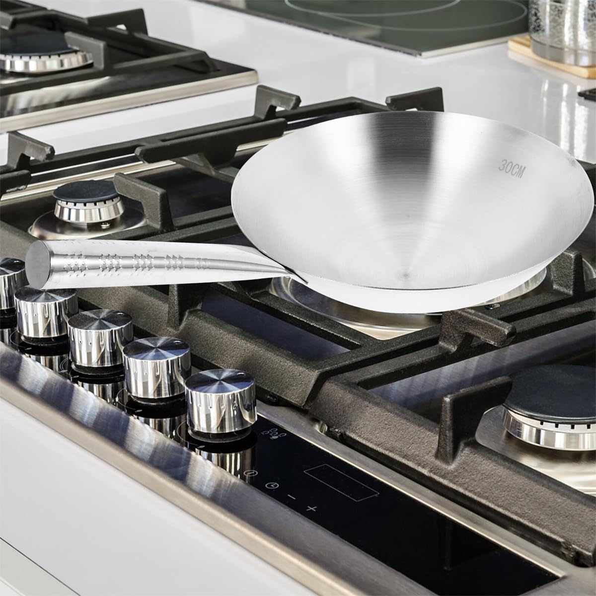 Padella wok in acciaio inox, padella wok cinese for soffritto, fondo tondo, con manico for fornelli a gas, induzione ed elettrici(40cm)