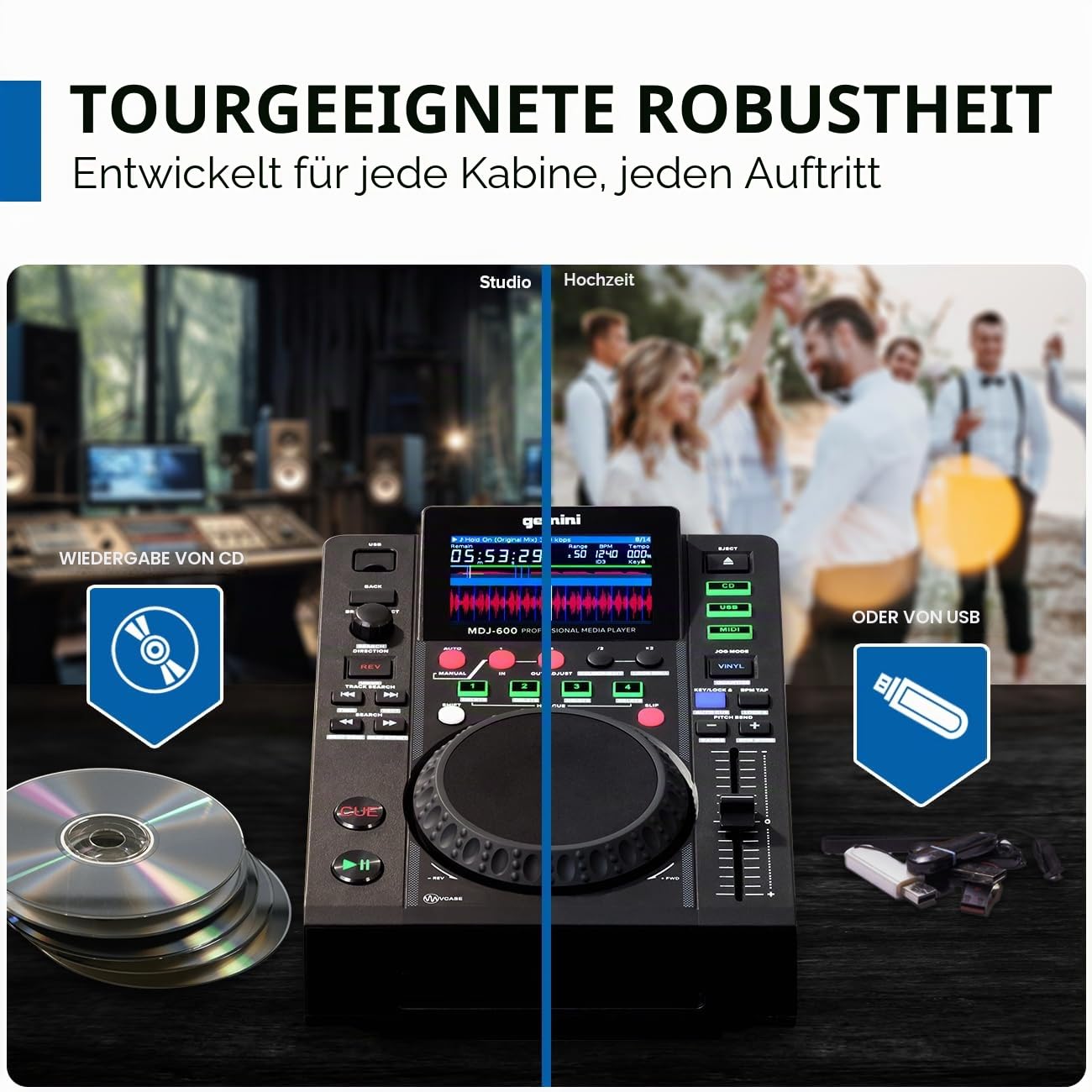 Gemini Sound MDJ-600 - Professioneller CD / Media Player mit 4 Hot Cues und Auto / Manual Looping, Farbbildschirm, MIDI, 24-Bit / 192kHz Soundkard