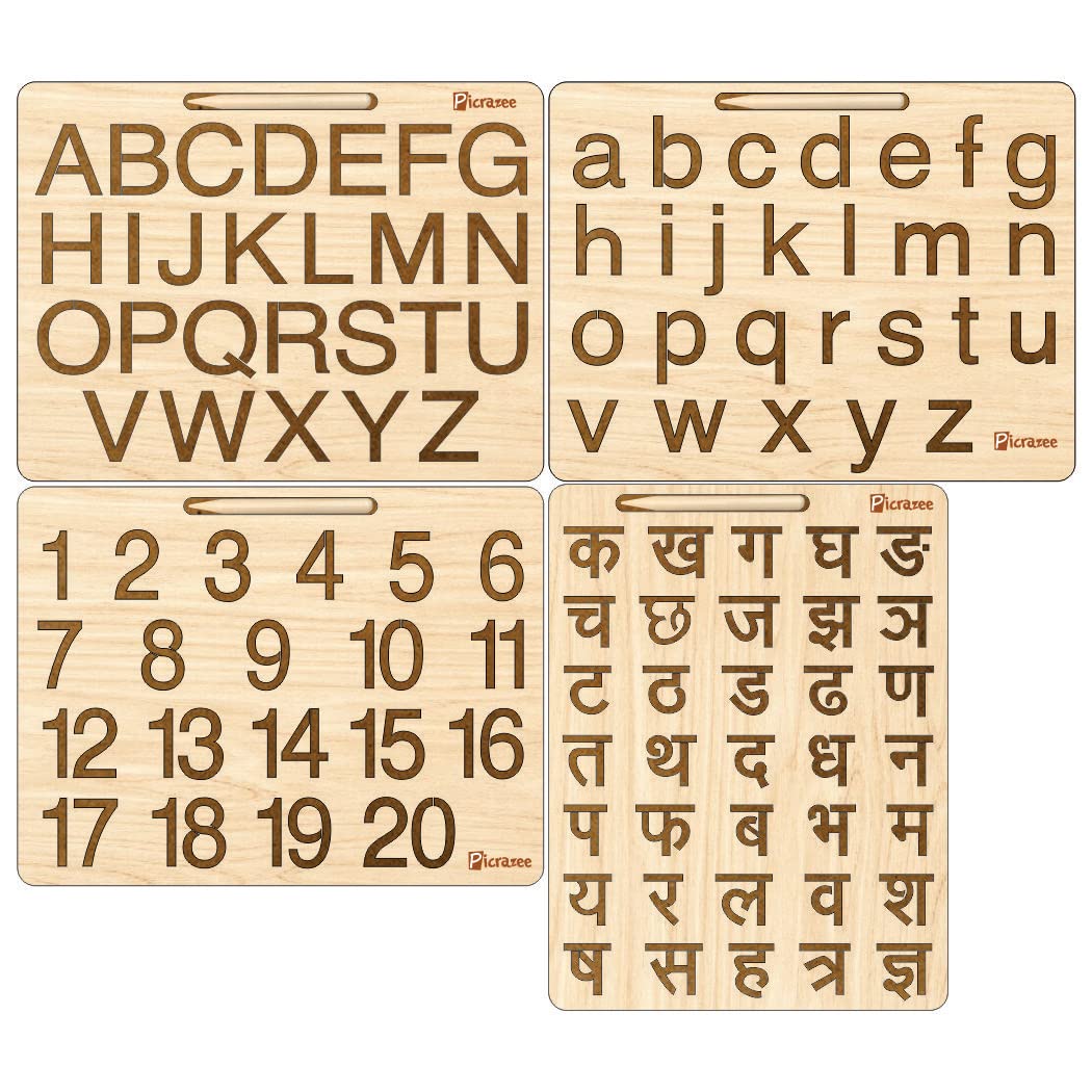 Picrazee Educational Wooden Tracing Board for Kids | Handwriting and Learning Slates for Children | Set of 4 (Small & Capital English, Hindi Alphabets & Numbers)-image-25