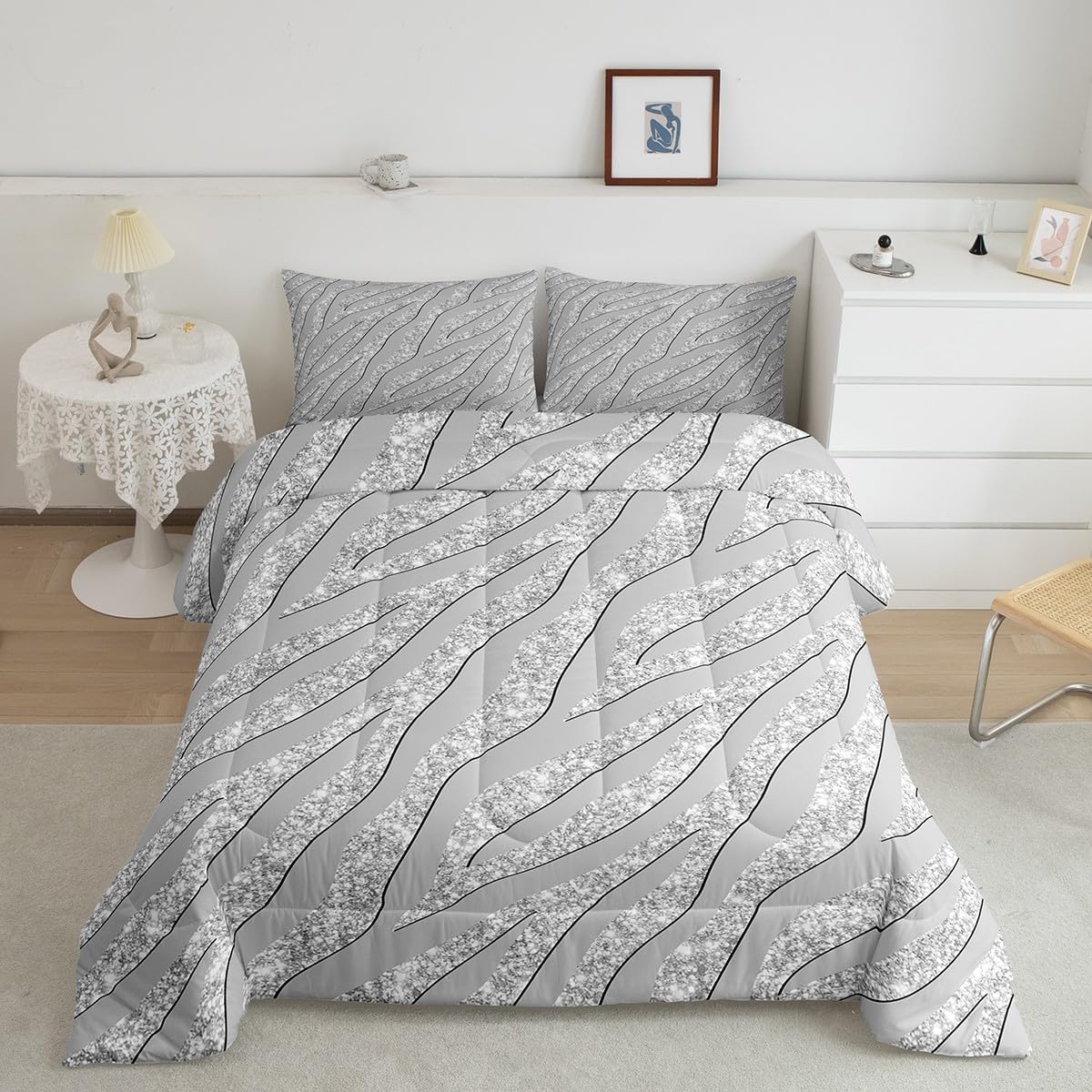 Feelyou Leopard Print Comforter Set Grey Silver Zebra Print Bedding Set Cheetah Glitter Comforter for Kids Boys Girls Women Africa Animal Fur Quilt Room Decor Duvet Set for All Season Twin Size Boys
