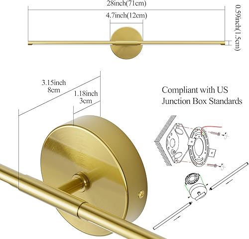 Miniatura 6 de Ralbay Aplique de pared dorado moderno de 28 pulgadas, aplique de pared de baño, lámpara de pared lineal LED de 18 W, giratorio 360  para
