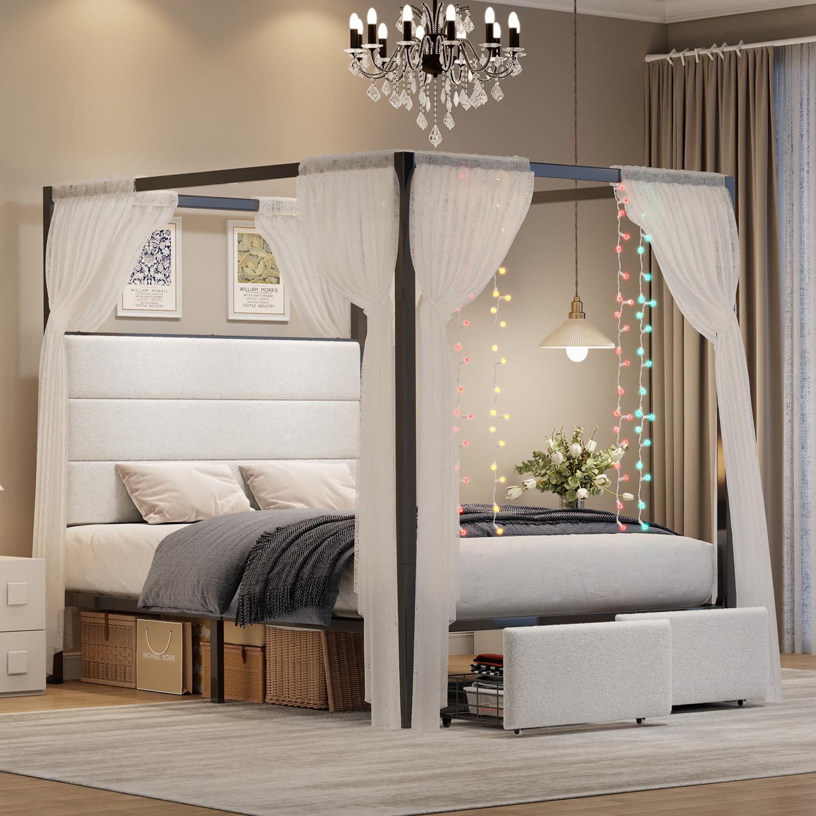 Full Size Canopy Bed Frame with Upholstered Panel Headboard, Lamb Wool Tufted Metal Platform Bed with 2 Drawers & 4 Posts, 12 Metal Slats Mattress Foundation, No Box Spring Needed, White