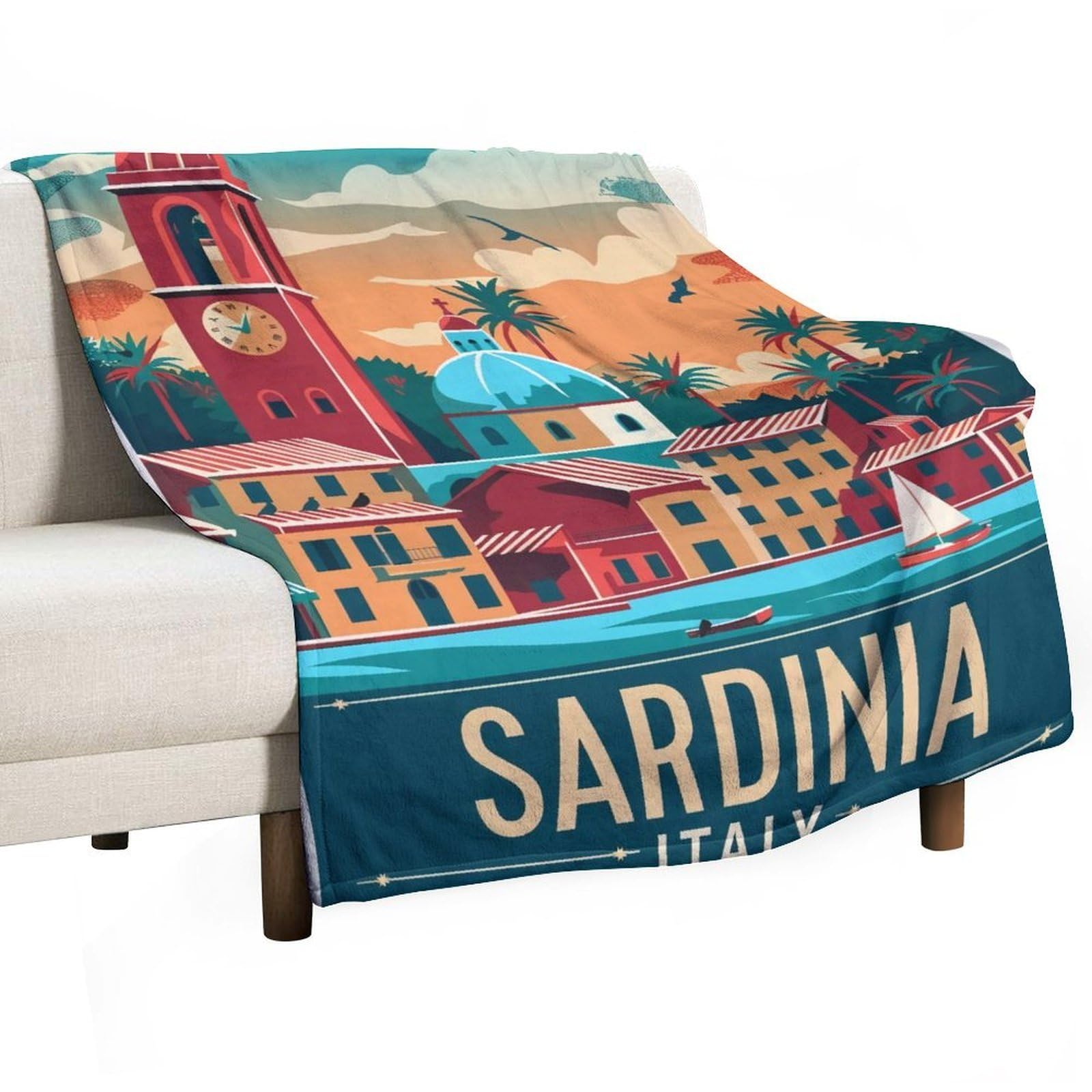 YHGSREUOH Mediterranean Sardinia Sunset Church Bell Tower 02 Flannel Blankets Fleece Soft Throw Lightweight Plush Gifts for Couch, Bed, Cozy Sofa Plush, Chair, Lovers 138x175cm(55x70in)