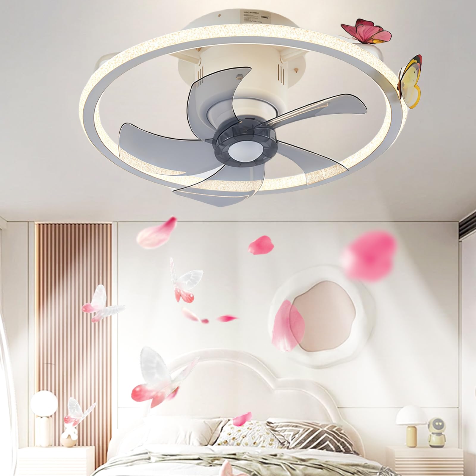 HXYSXHJUO Ceiling Fans with Lights Bluetooth Speaker Kids Room Butterfly Lamps 360°Rotation Dimmable Bedroom Fan Light Ceiling, Winter/Summer Reversible-White