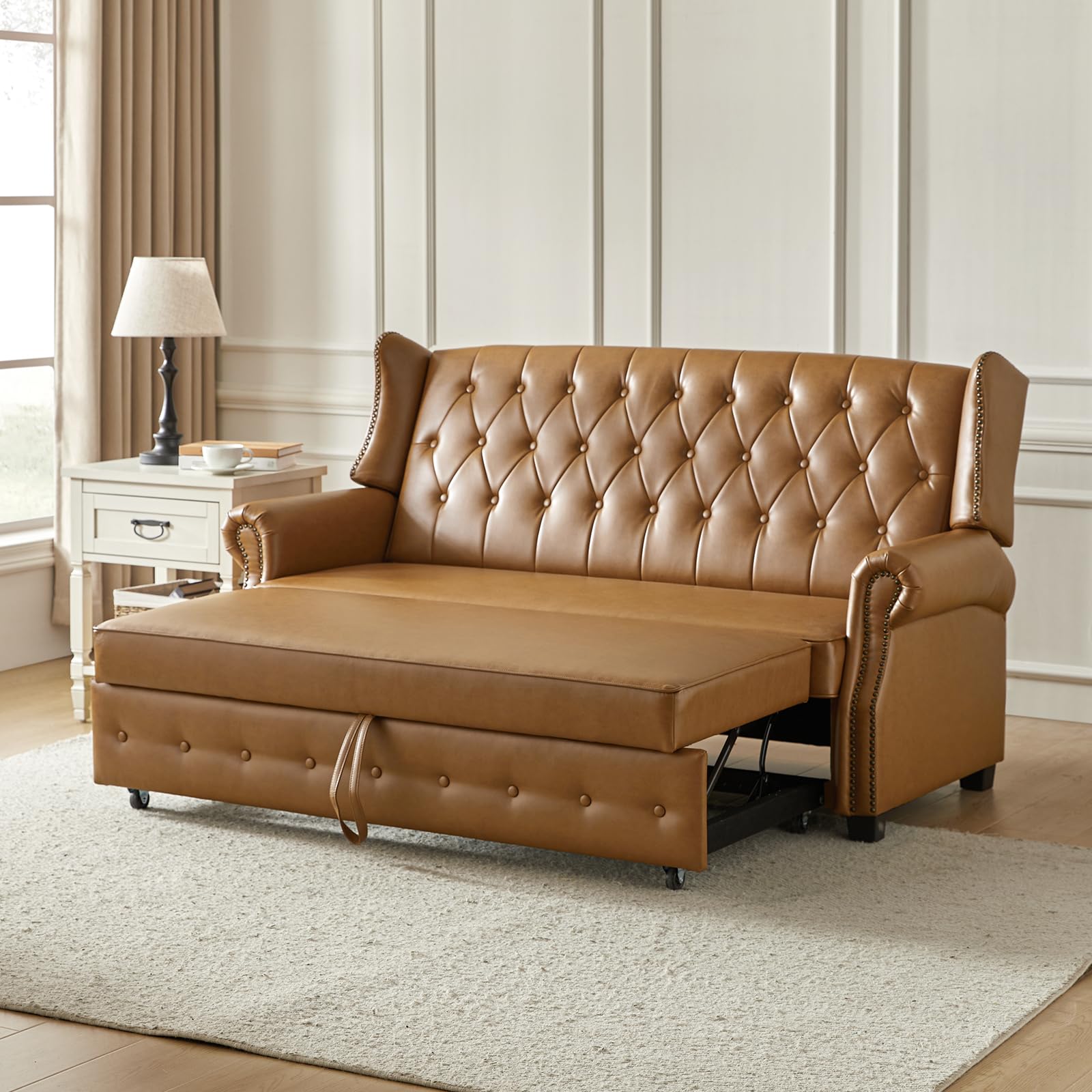 HULALA HOME 74" Faux Leather Setee Sleeper Sofa Bed,Transitional High Back Chesterfield Sofa Bed Couches for Living Room and Bedroom,Camel