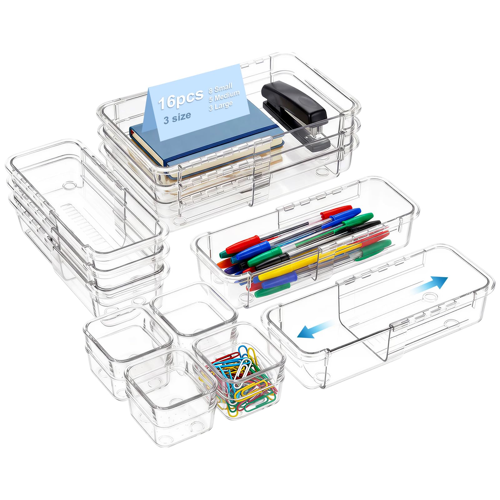 16 Pcs Clear Drawer Organiser Set, Adjustable Makeup Drawer Organiser, 3-Size Stackable Drawer Storage Box, PS Storage Organizer Bins for itchen Cutlery, Makeup Vanity, Bathroom, Desk, Office, Bedroom