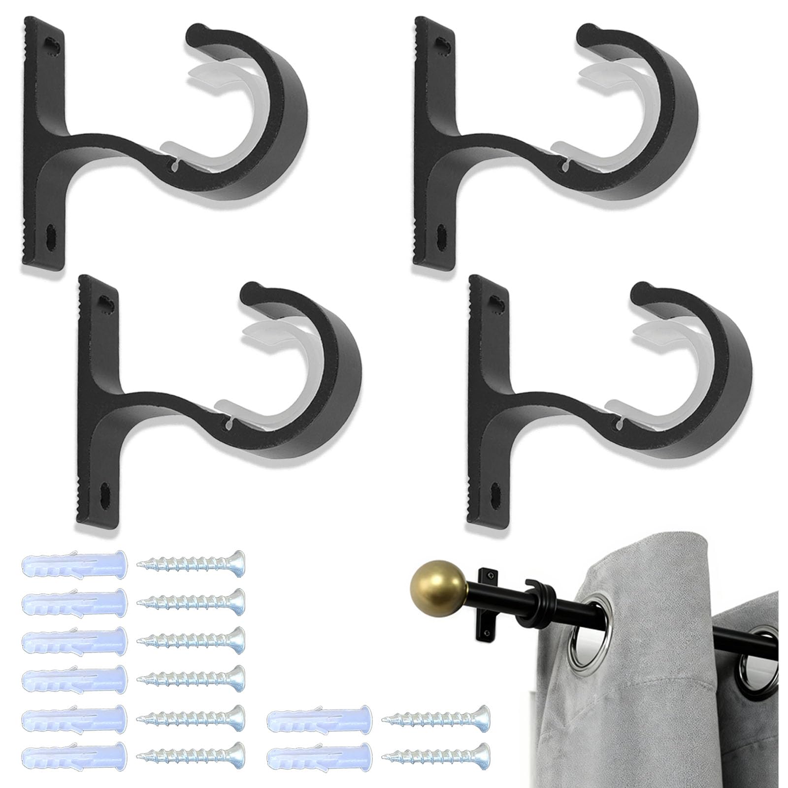 Tivleed Black Curtain Pole Brackets, Curtain Rail Brackets, Curtain Pole Holders, 4 Pcs T-Shaped Heavy Duty For 25Mm-28Mm Poles, Wall Ceiling Mount With Screws & Anchors