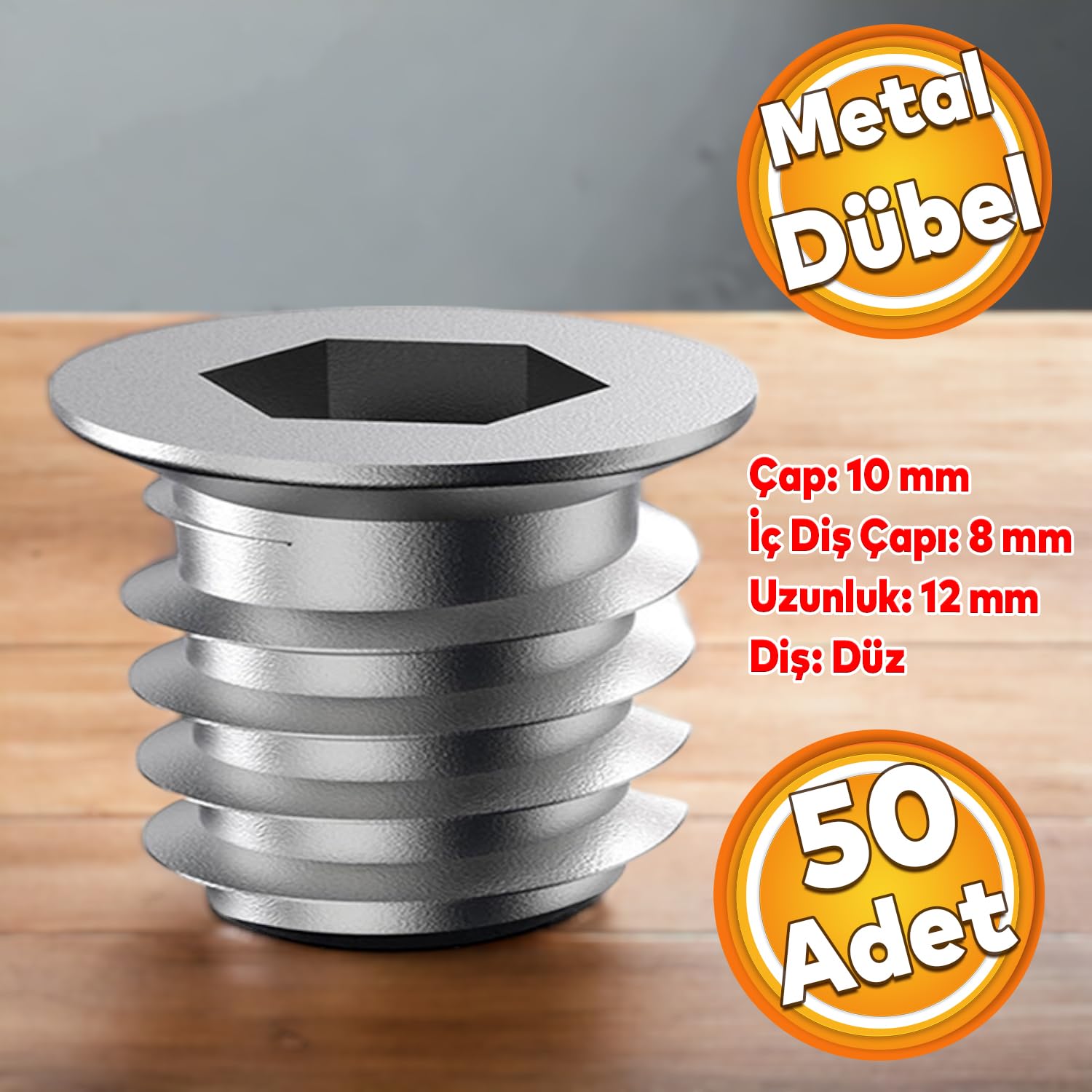Badem10 Metal Düz Dişli Dübel Ahşap Dübeli M8 10x12 Diş Çinko Mobilya Bağlantı Ünite Birleştirme (50 ADET)