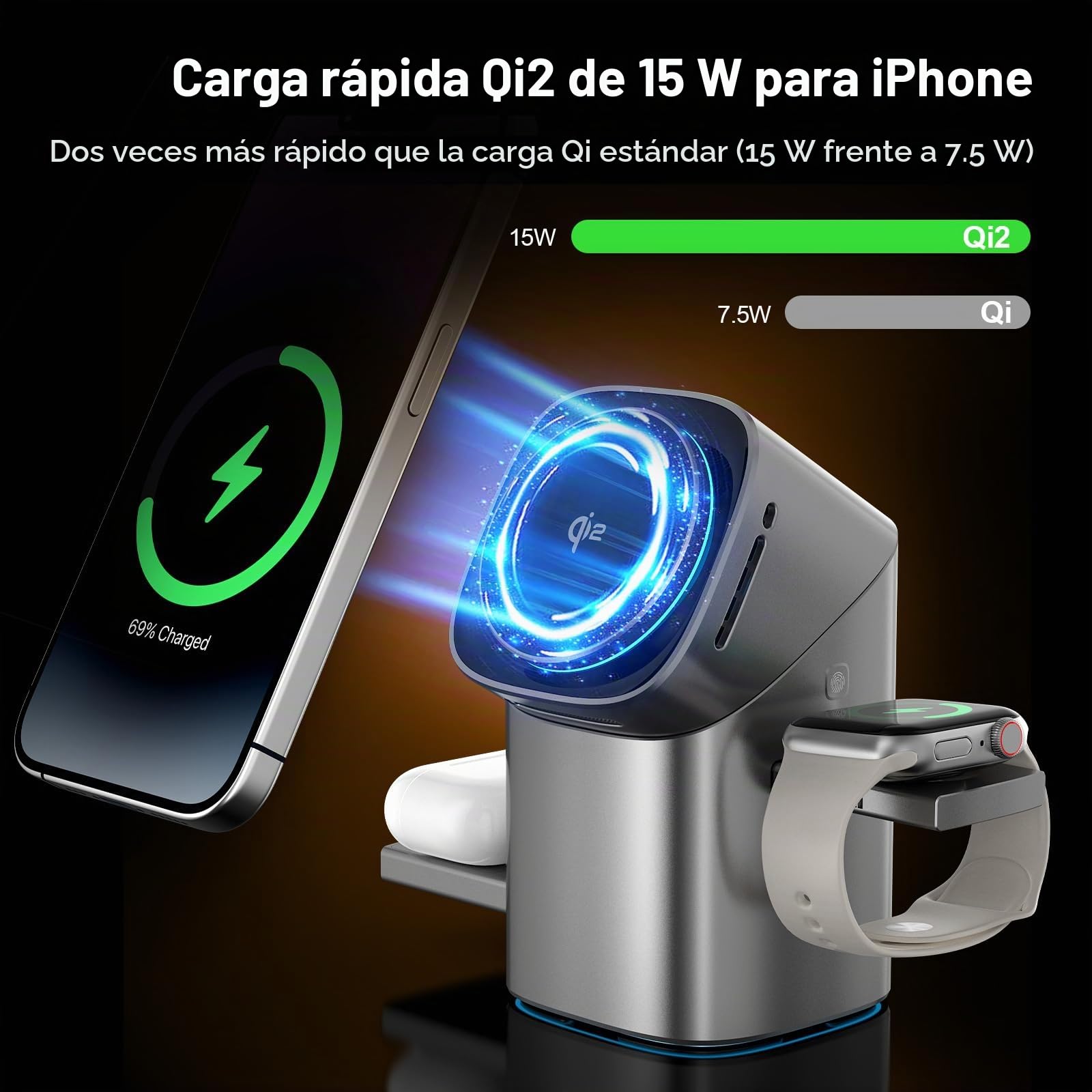 Estación de Carga inductiva 3 en 1 QI2, Soporte de Carga inalámbrica, Compatible con Carga rápida, para teléfono Compatible con iPhone, AirPods, iWatch, con Ventilador de refrigeración 33 W Plateado