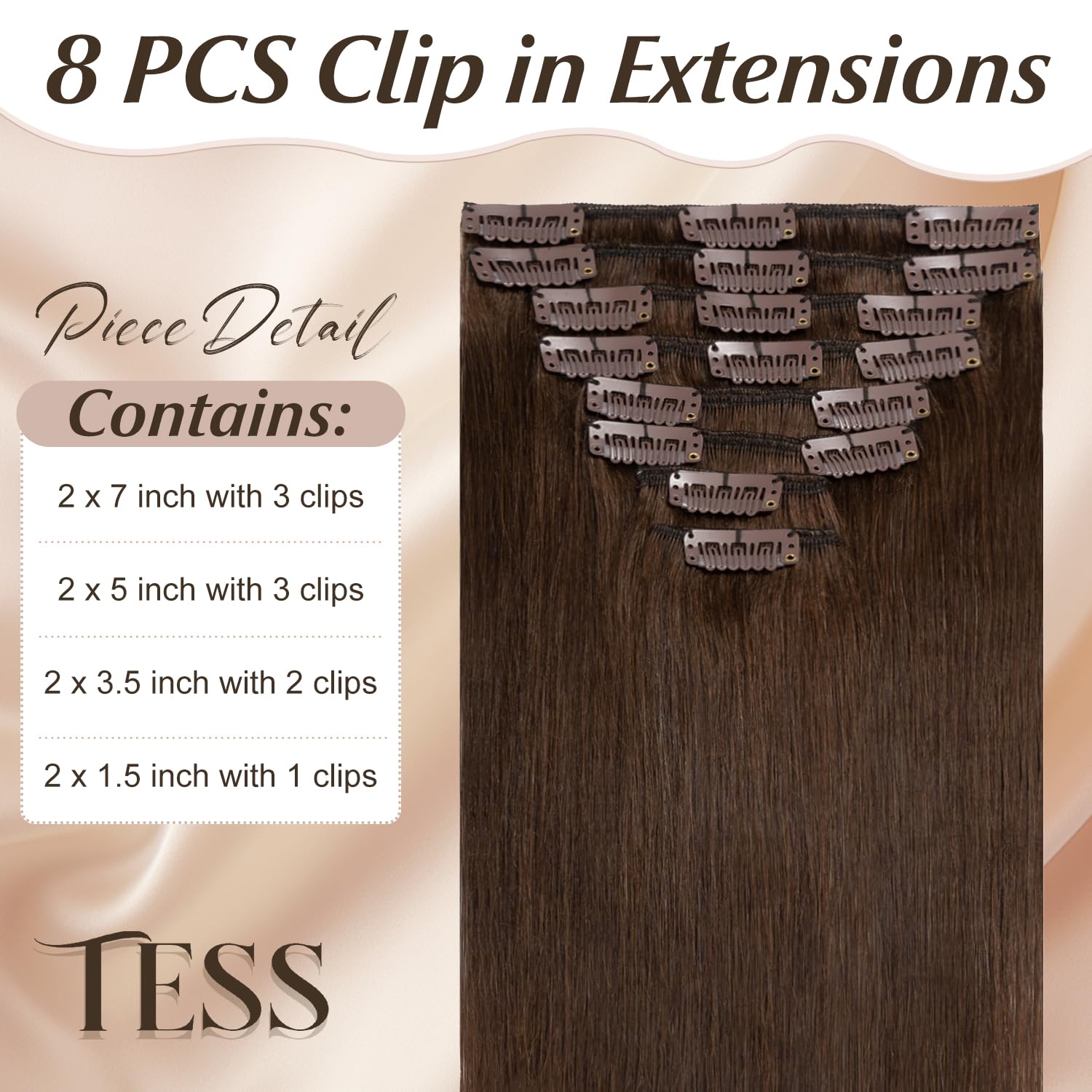 TESS Clip in Hair Extensions Real Human Hair Brown Remy Seamless 8 Pieces Straight Long for Women/Girls (#04 Medium Brown, 24 Inch 80g) - Image 2