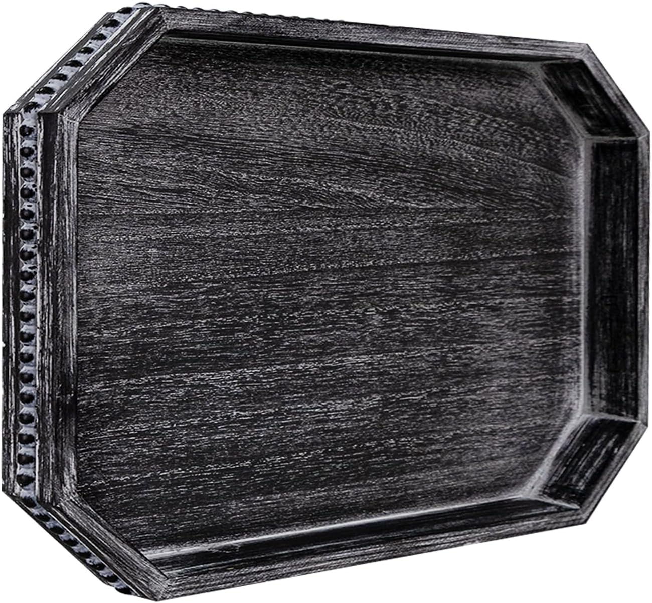 Decorative Coffee Table Serving Tray, Long Octagonal Black Wood Tray with Wooden Bead, Farmhouse Big for Ottoman Table, Countertop, Home Decor, 16.5"x13"x1.6" (Retro Black) 16.5" x 13" x 1.6" Octagonal-retro Black