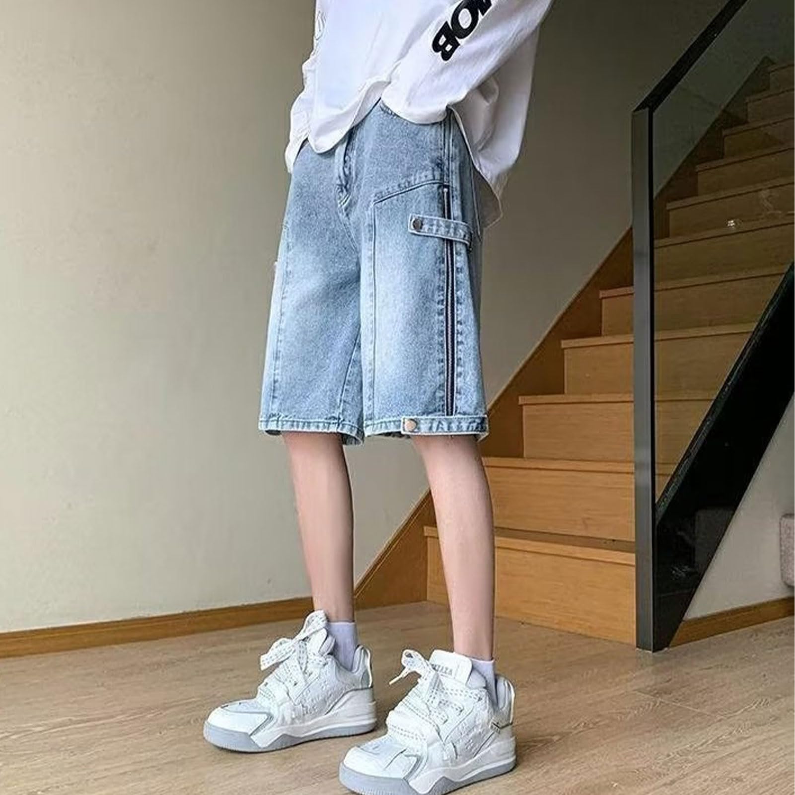 Y2K Pantaloncini in Denim da Uomo Hip Hop Baggy Shorts Jeans Streetwear Vintage con Cerniera Jorts, Blu, L