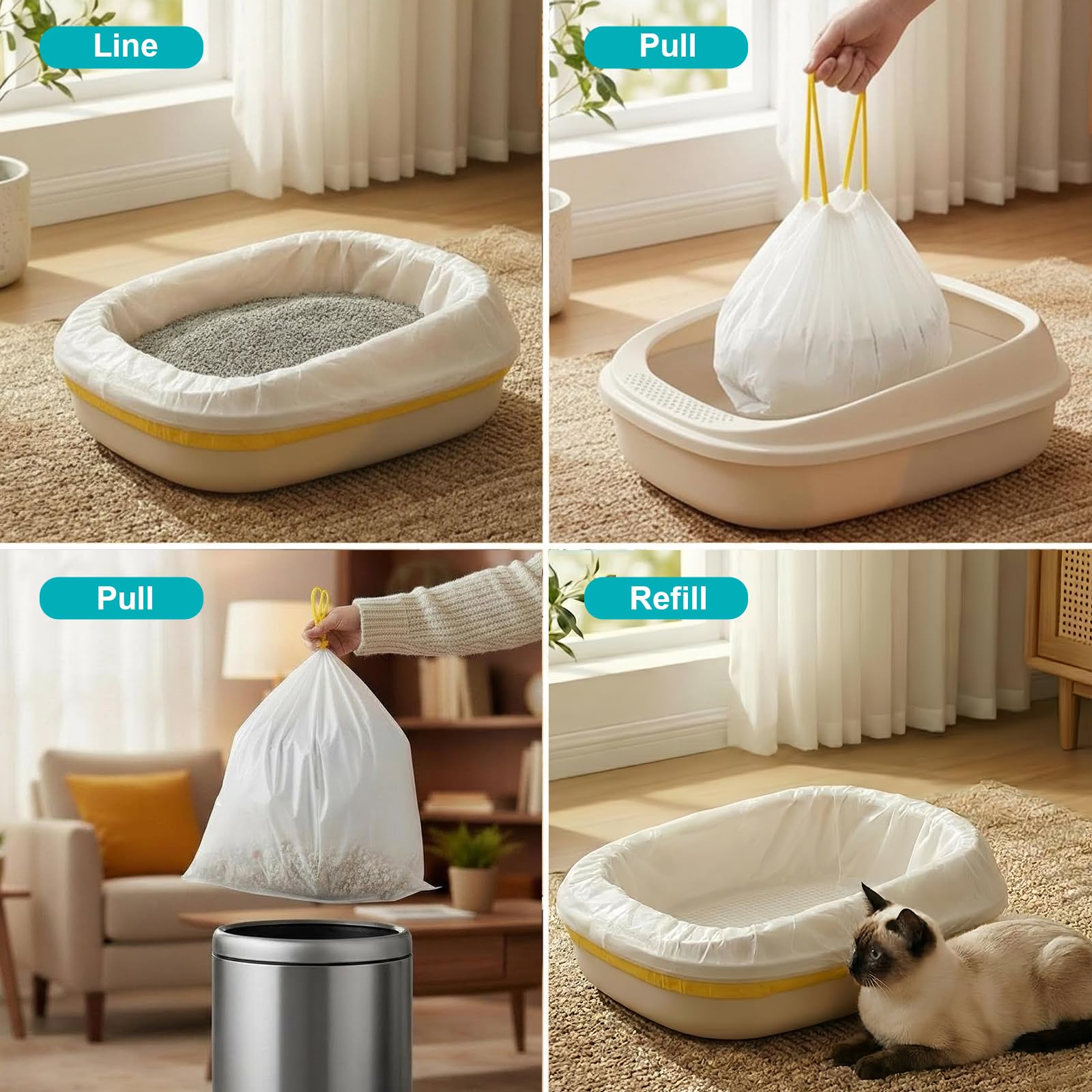 Paquete de 60 bolsas de arena para gatos de 37 x 18 pulgadas, sin desgarros, fáciles de tirar de 3 mil a prueba de fugas, cordón resistente, embalaje en caja, bolsas de arena para gatitos con banda