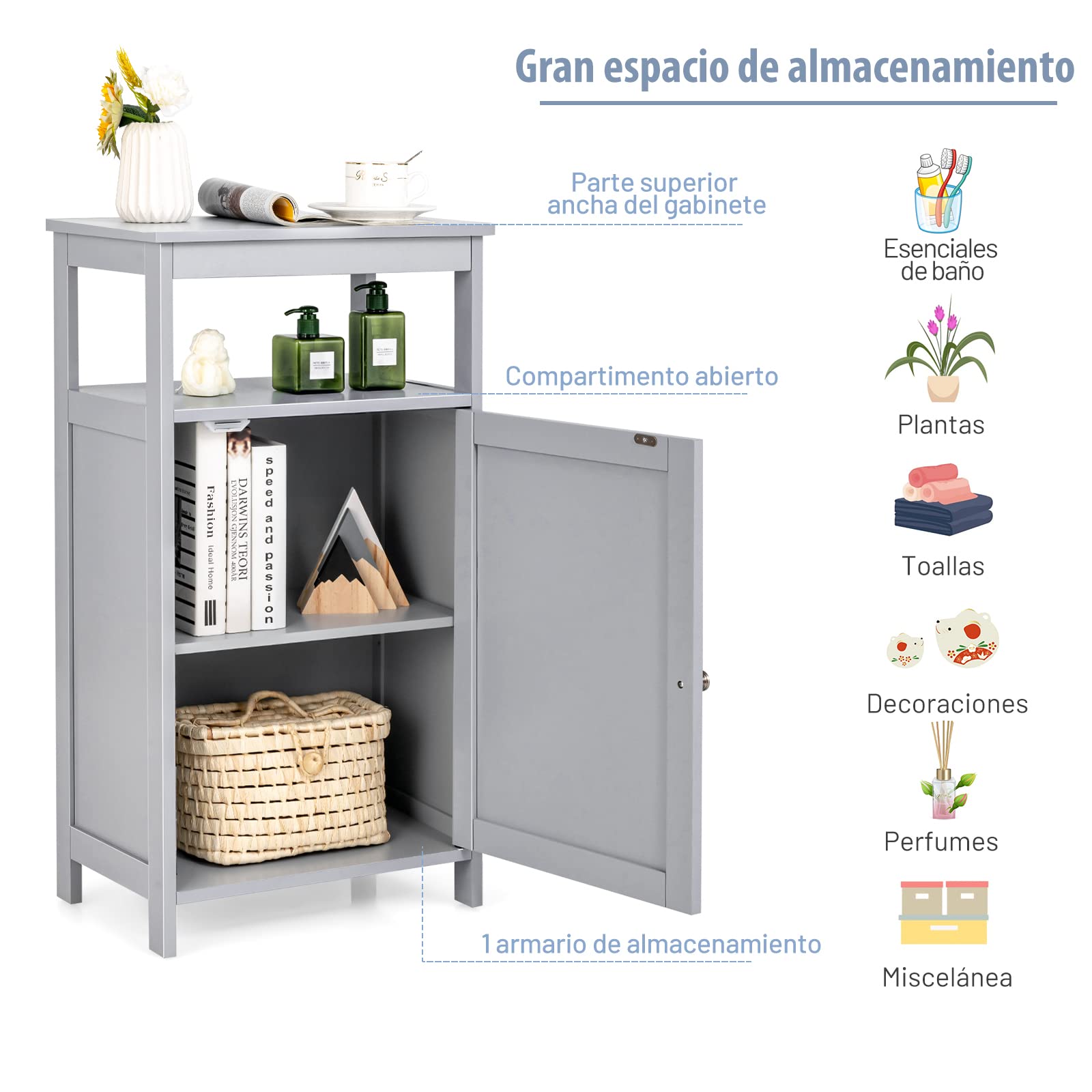 COSTWAY Armario Baño, Mueble Baño con Estante y 1 Puerta, Estante Ajustable, Mueble Auxiliar Baño, 45 x 30 x 84 cm, Salón, Cocina (Gris)