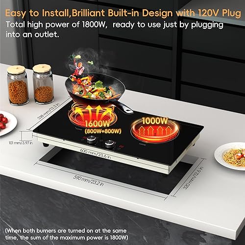Miniatura 2 de Placa eléctrica de 2 quemadores de 24 pulgadas, estufa eléctrica de 120 V con encimera y diseño integrado, control de perilla de 1800 W, placa de