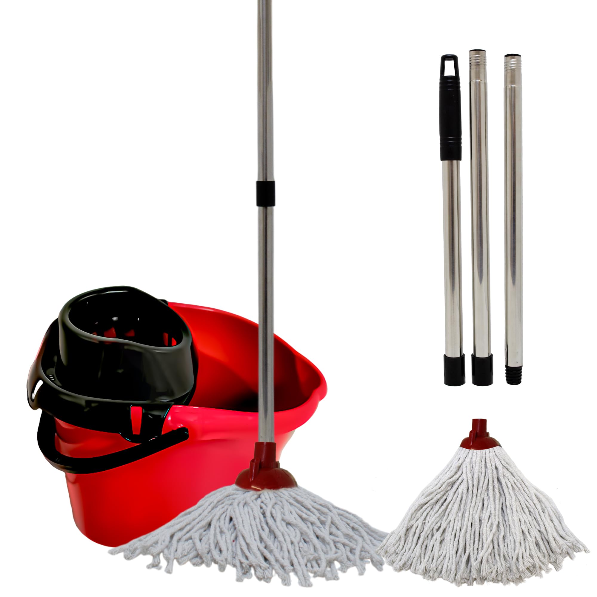 Kmj Red Mop And Buckets Sets (2 Mop Heads & 1 Steel Pole) With Detachable Wringer- Plastic Mop And Bucket- Durable Plastic Bucket And Floor Mop Microfibre Mop And Bucket Set
