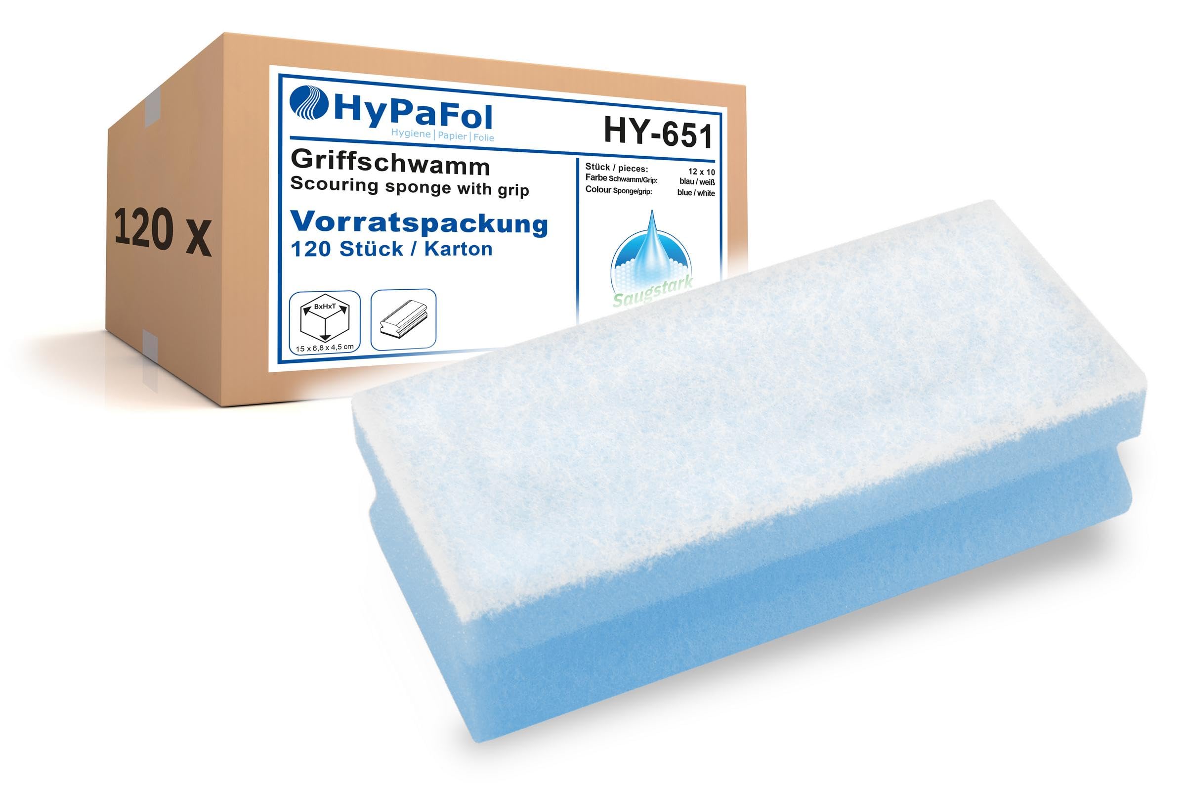 HypaFol Schwamm für Möbel in blau-weiß 120 Stück I Sanfter Putzschwamm für empfindliche Oberflächen I Reinigungsschwamm für Türen, Fensterbänke, Tische & Stühle I XL Griffschwamm mit 5mm Scheuerseite