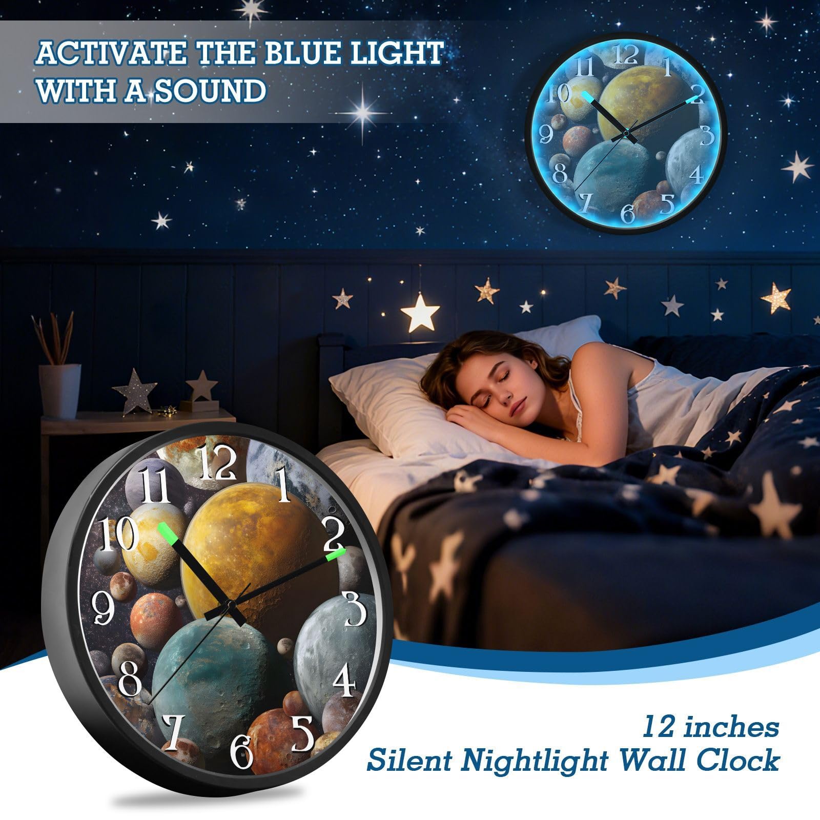 Mnsruu Planetas Lunas Espacio Galaxia Reloj de pared luminoso Reloj de dormitorio funciona con pilas, reloj silencioso que brilla en la oscuridad para sala de estar y cocina, 30,5 cm