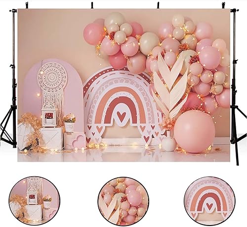 Miniatura 5 de XUNJIN NO.01 - Telón de fondo bohemio para fotografía de arco iris, globo bohemio para fiesta de primer cumpleaños, fondo de atrapasueños, hierba de