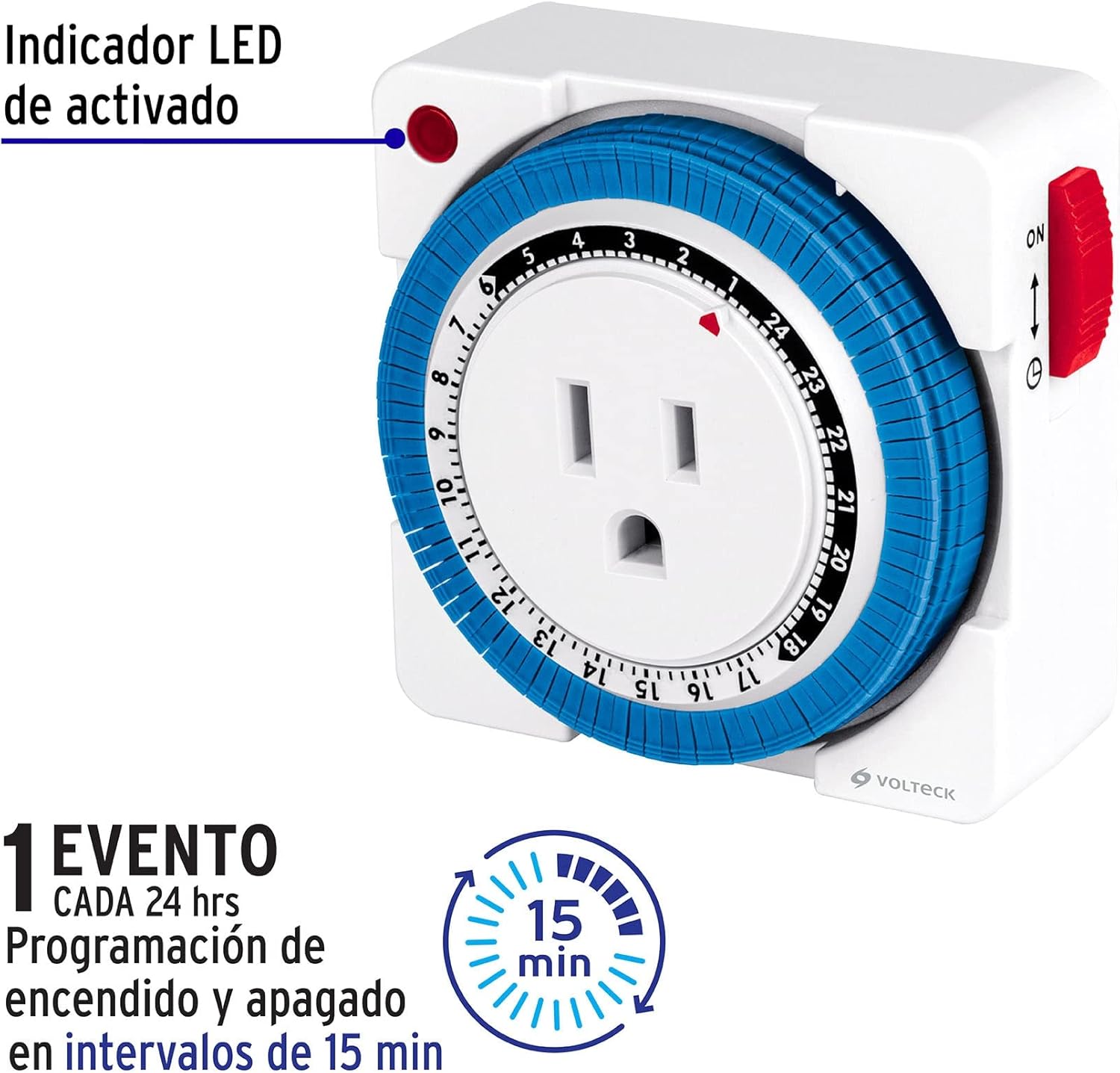 Close-up of the Volteck TEM-1M timer, highlighting the activated LED indicator, the 24-hour dial with 15-minute interval pins, and the '1 Event every 24 hours' feature.