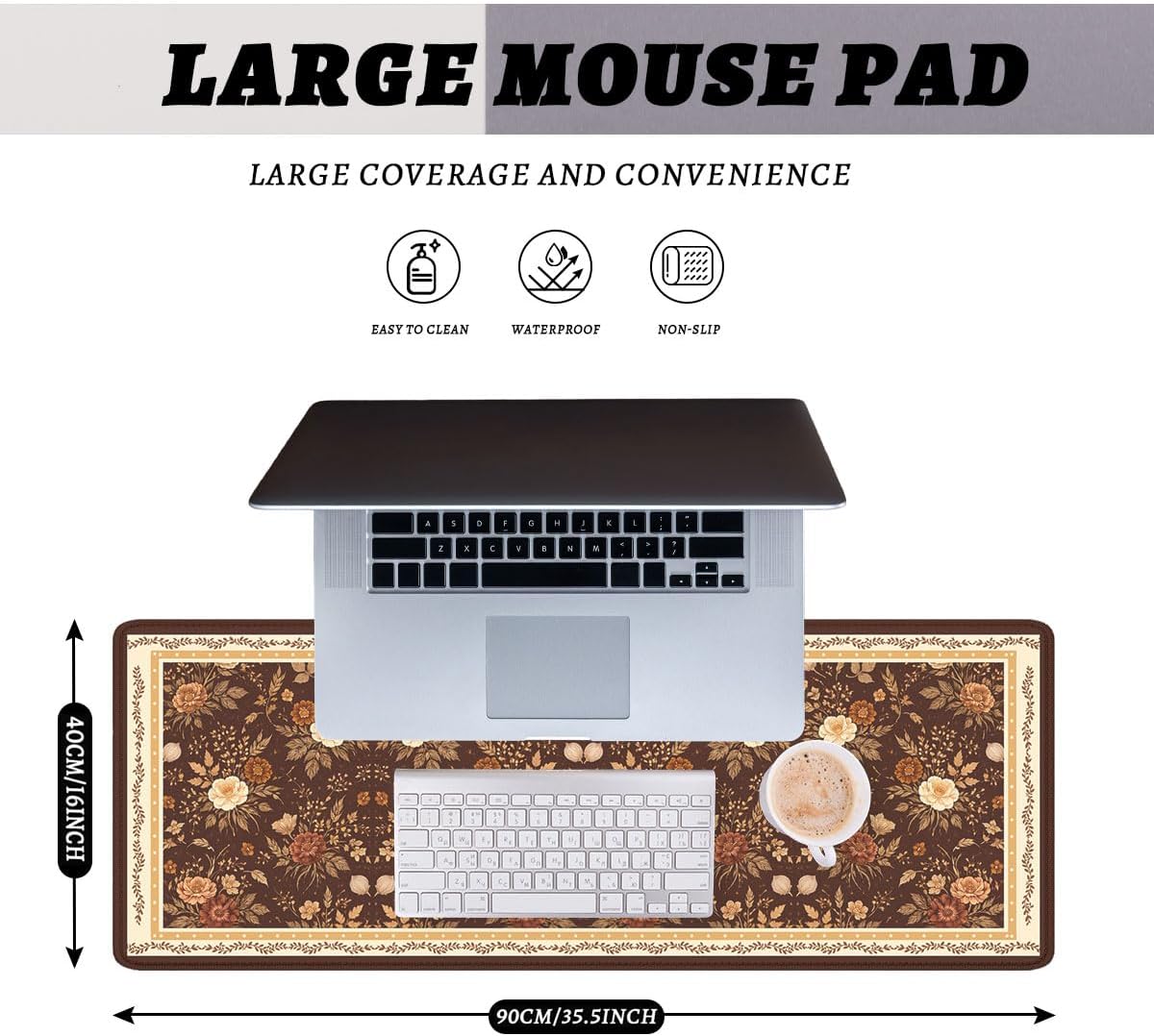 Vintage Floral Mouse Pad, Brown Botanical Garden Gaming Desk Mat Waterproof Stitched Edges Rubber Base Non-Slip Deskmap Computer Keyboard Mat, 35.4x15.7in Desk Home Office Gaming image 2