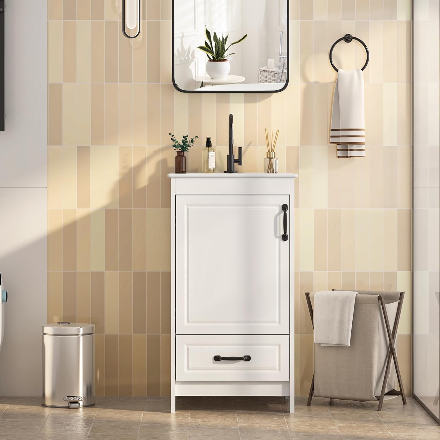Freestanding Bathroom Vanity with Ceramic Sink, Large Storage Cabinet with Drawers, Metal Handles,Modern Undermount Sink Vanity Combo for Master Bathroom, White (Recessed Panel, 18 Inch)