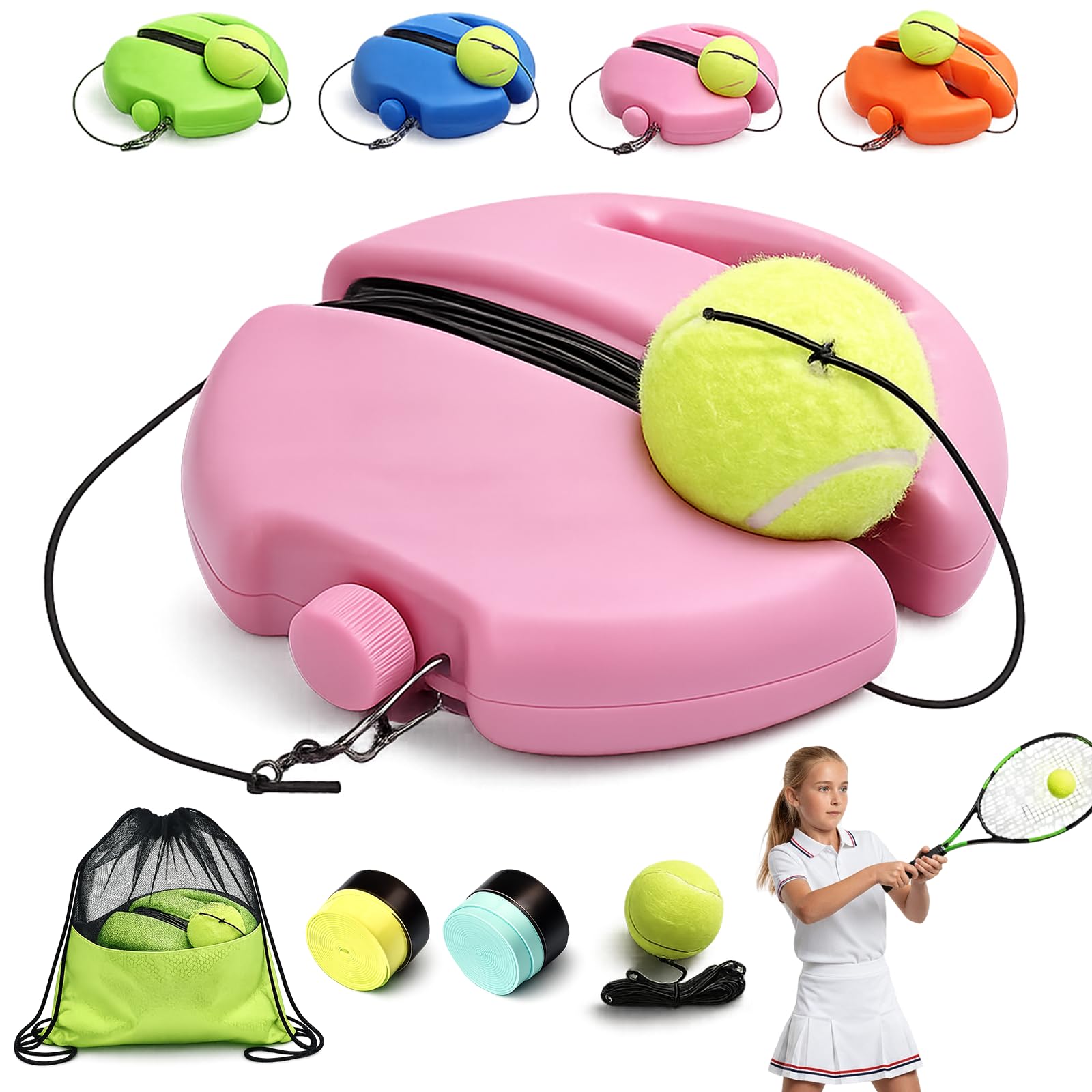 2026 New Tennis Ball Training Baseboard - Solo Tennis Trainer Rebound Ball with Anti-Tangle String & Weighted Anti-Slide Base, Portable Practice Equipment for Adults, Beginners (Pink,1Set + 1Ball)