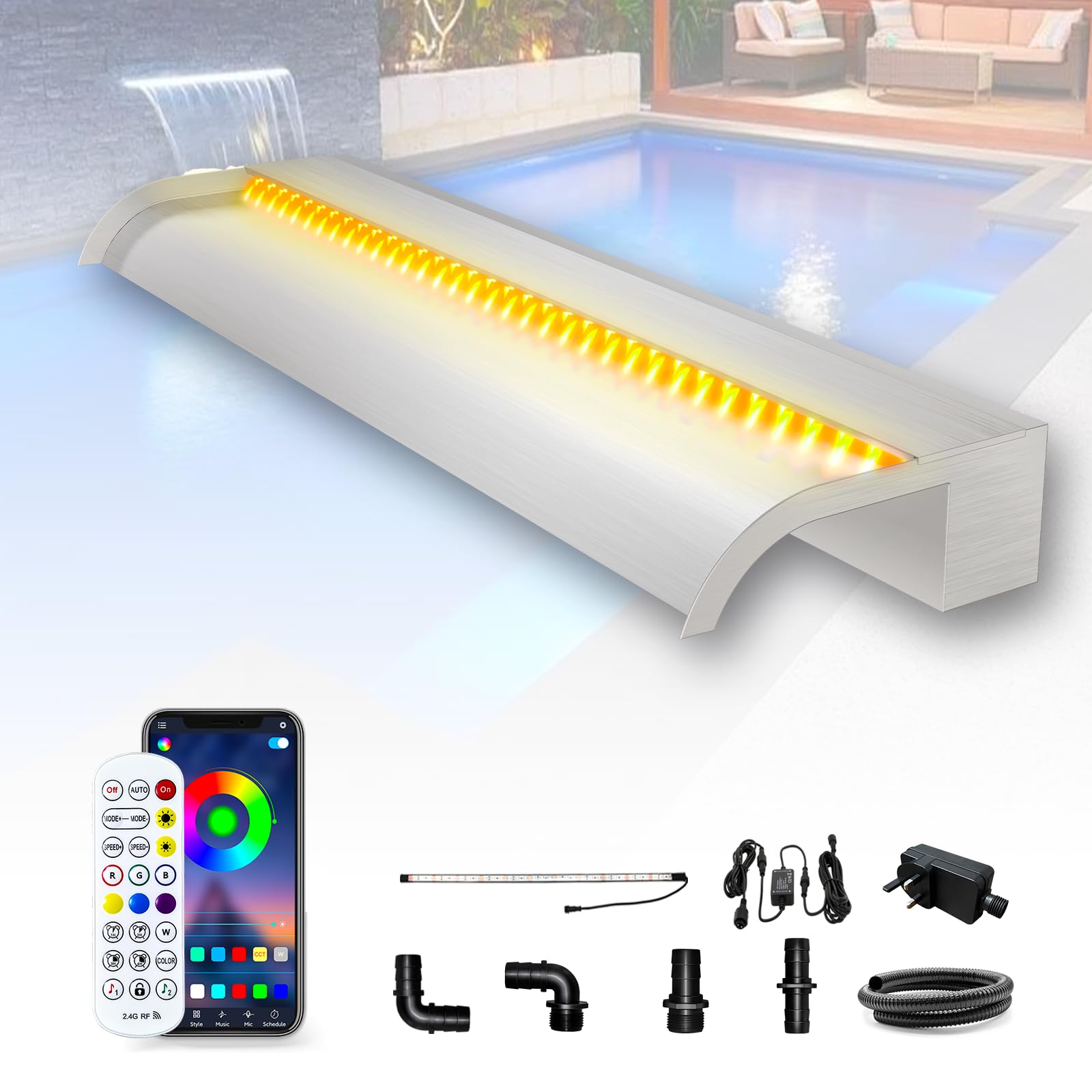 LONGRUN Kit di lame per laghetto da 90 cm, in acciaio inossidabile 304, curva, con funzione Spillway, fontana per piscina all'aperto con luci LED Bluetooth a 7 colori e telecomando, larghezza 25,5 cm