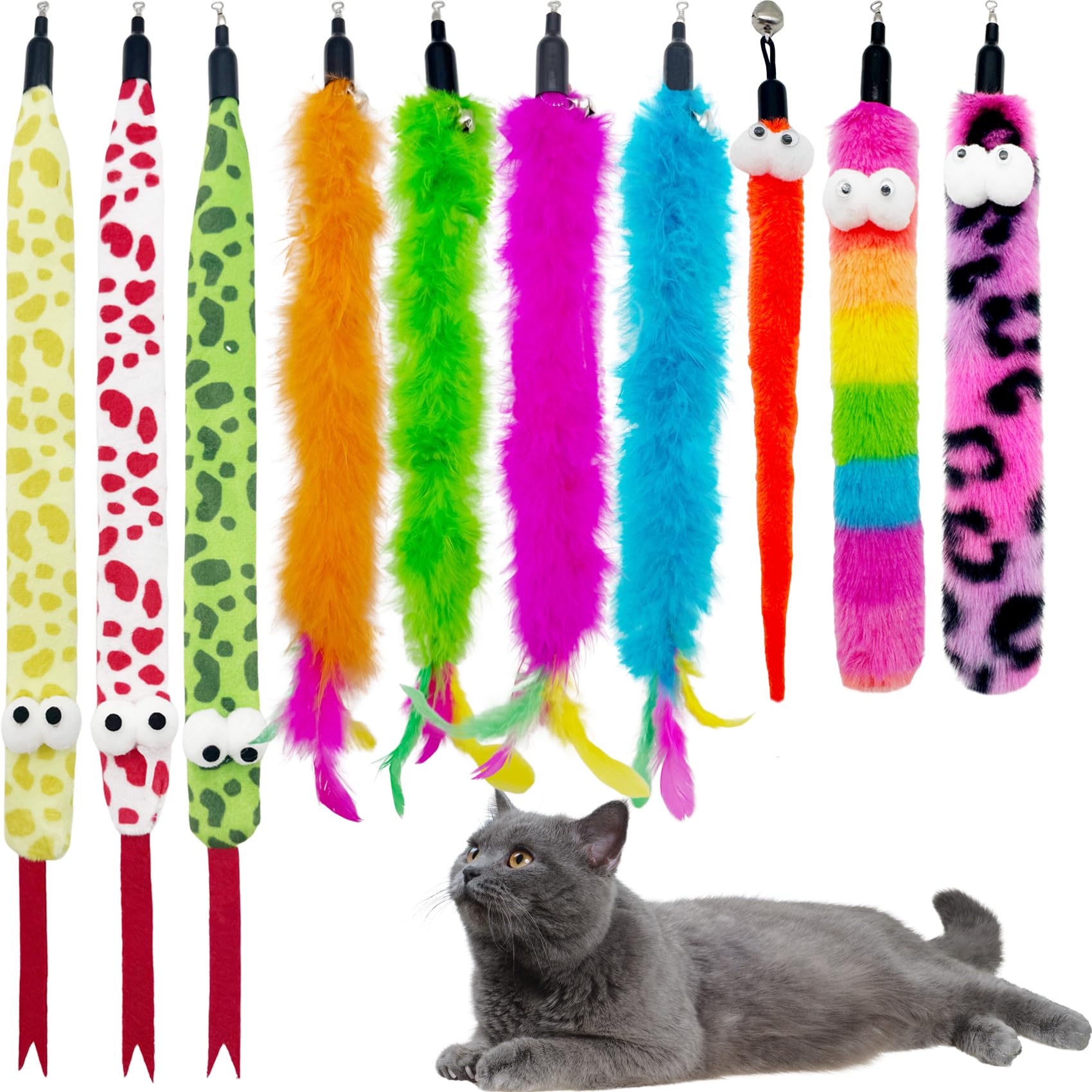Varita de gato de repuesto de gusano de plumas, 10 piezas de accesorios de varita de gato, serpientes surtidas, gusanos, plumas, juguete de repuesto para gatos de interior (B)