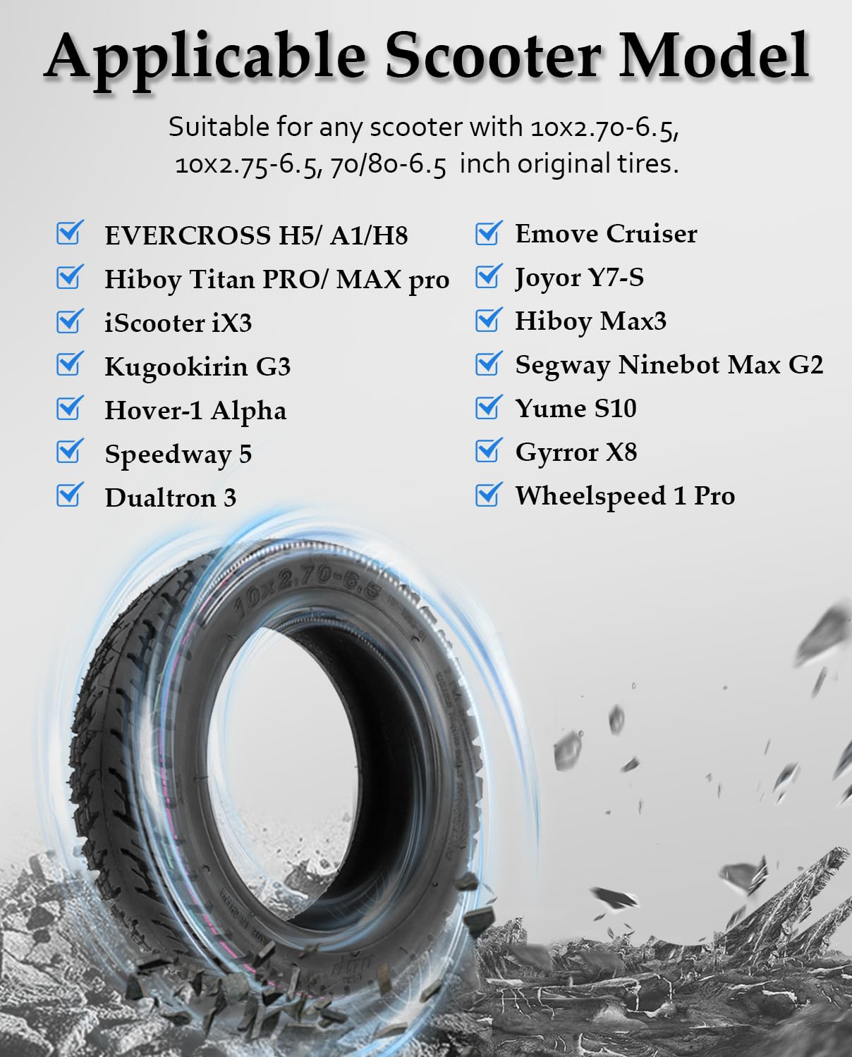 Felixstory 10x2.70-6.5 Inch Off Road Vacuum Tire, Fit for EVERCROSS H5/ A1, Hiboy Titan PRO, iScooter iX3, Kugookirin G3, Fit for 10x2.75-6.5 70/80-6.5 80/65-6.5 Original Tire