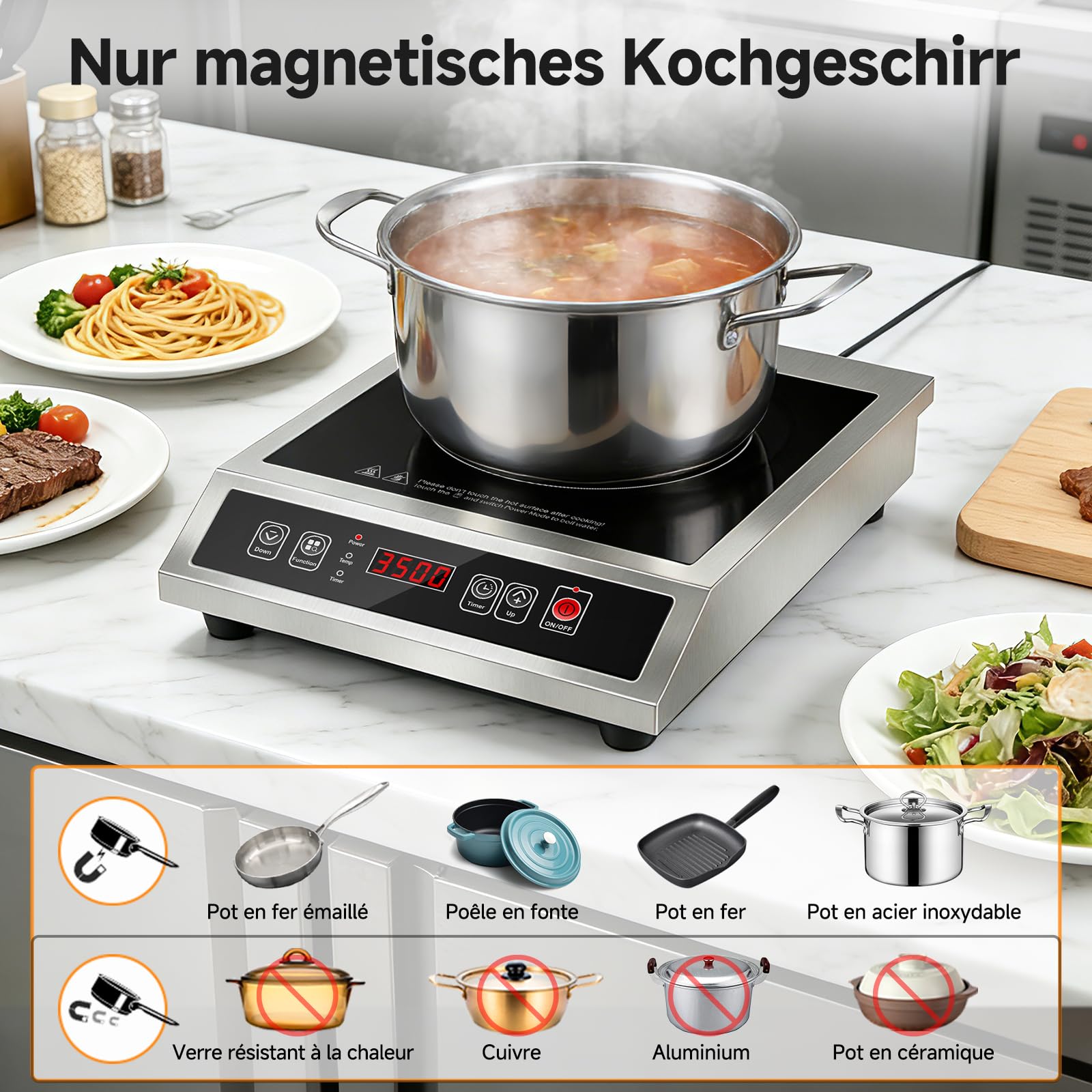 AMZCHEF Plaque Induction Commerciale 3500W, 21 Niveaux de Puissance&20 Niveaux de Température, Corps en Acier Inoxydable, Minuterie 10H, Adapté pour Cuisine de Restauration Professionnelle Restaurant