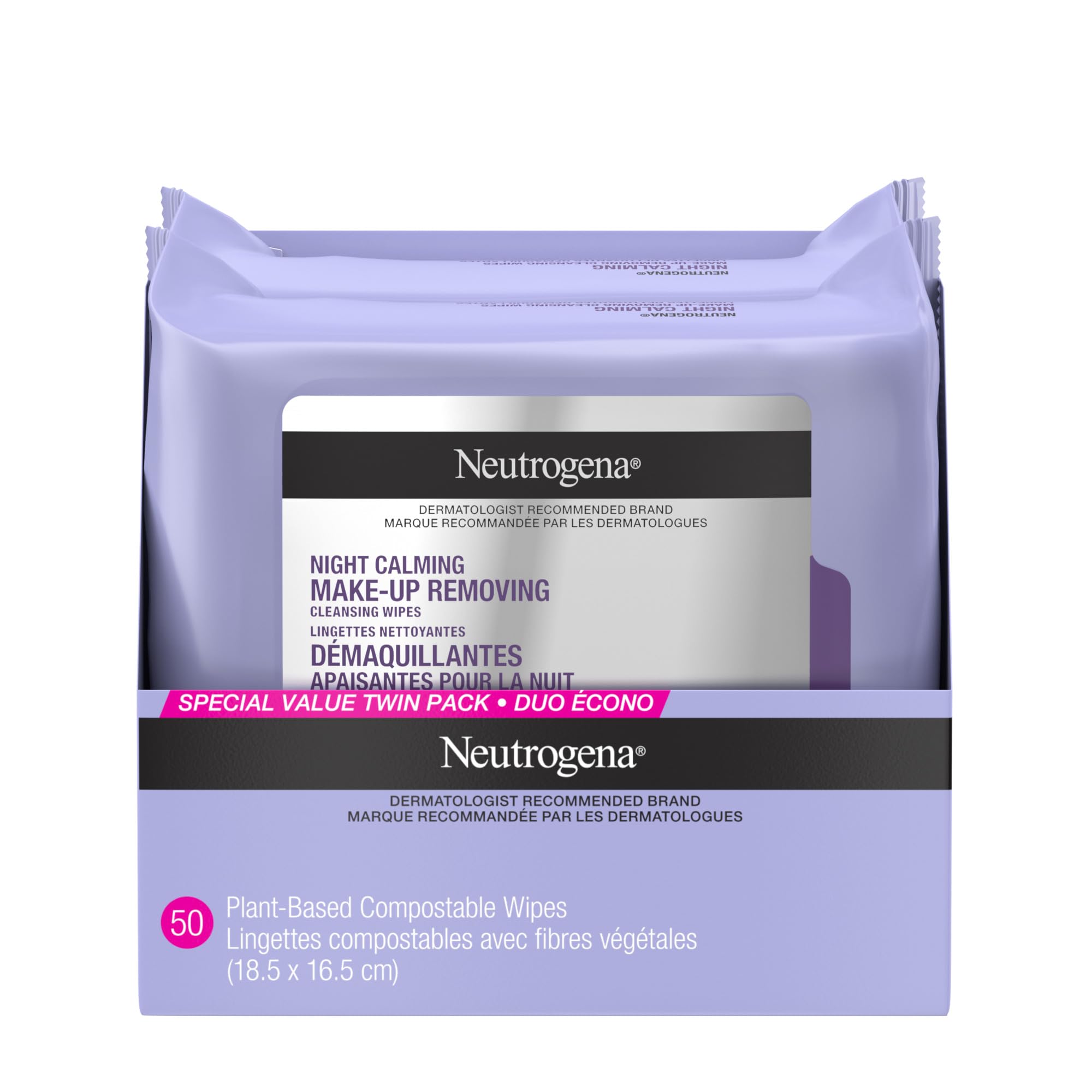 Neutrogena Night Calming Makeup Remover Face Wipes, 100% Plant