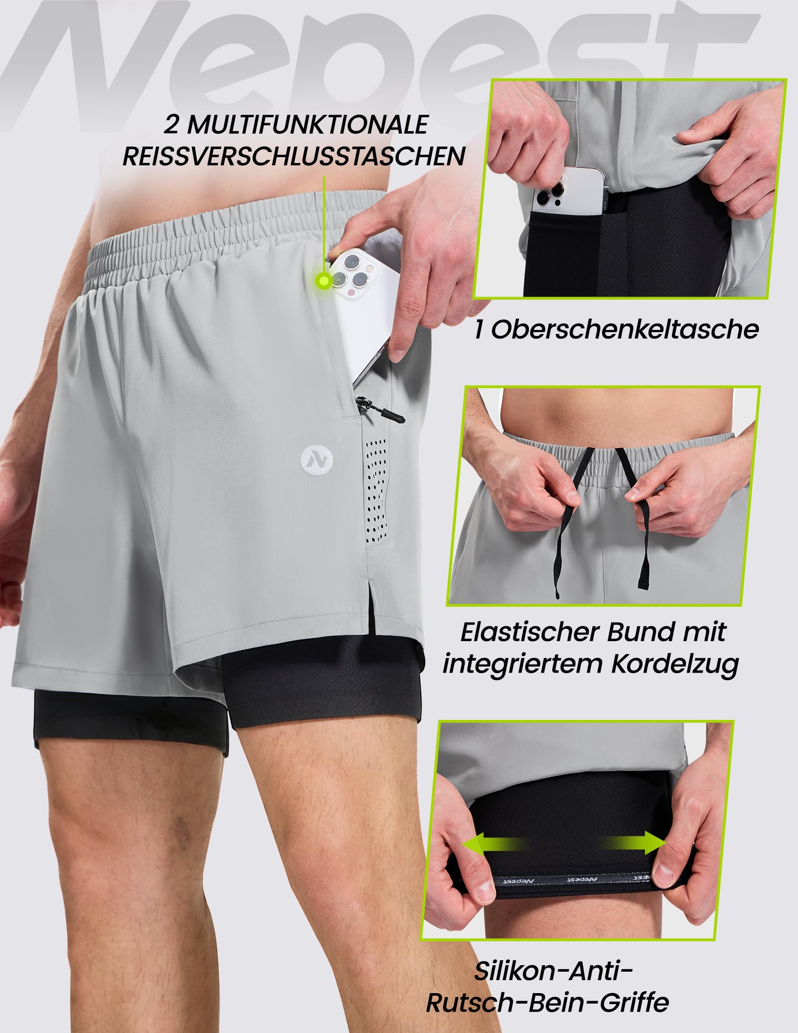 Nepest Mountainbike Hose Herren Kurz MTB Shorts Gepolstert 4D Fahrradhose Locker Tasche Atmungsaktiv Schnelltrocknend