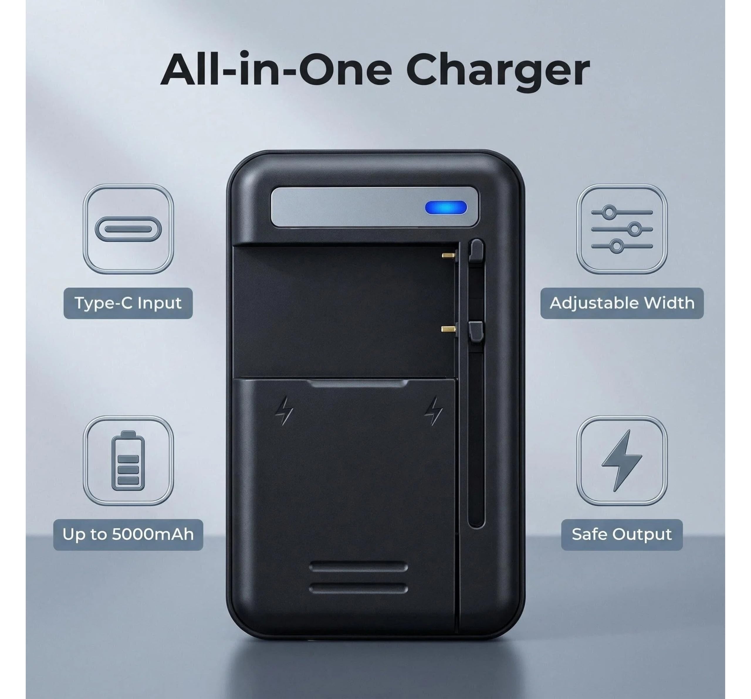 Uniwersalna Ładowarka do Baterii 2w1 Port USB-C dla Baterii 29-66mm kompatybilna z Telefonami Komórkowymi i Aparatami DSLR