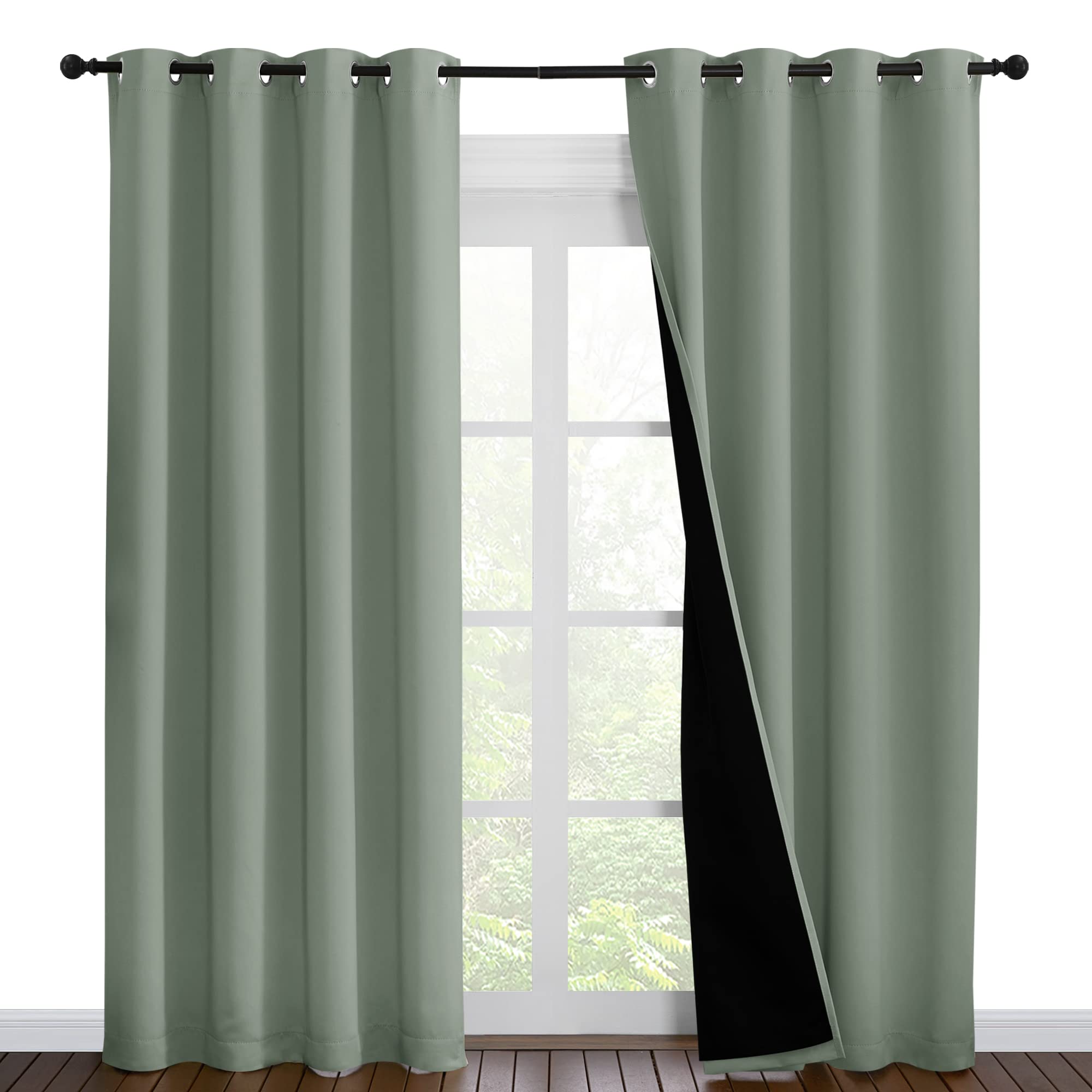 NICETOWN 100% Blackout Window Curtain Panels, Cold and Full Light Blocking Drapes with Black Liner for Nursery, 86 inches Drop Thermal Insulated Draperies (Greyish Green, 2 Pieces, 55" Wide per Panel)