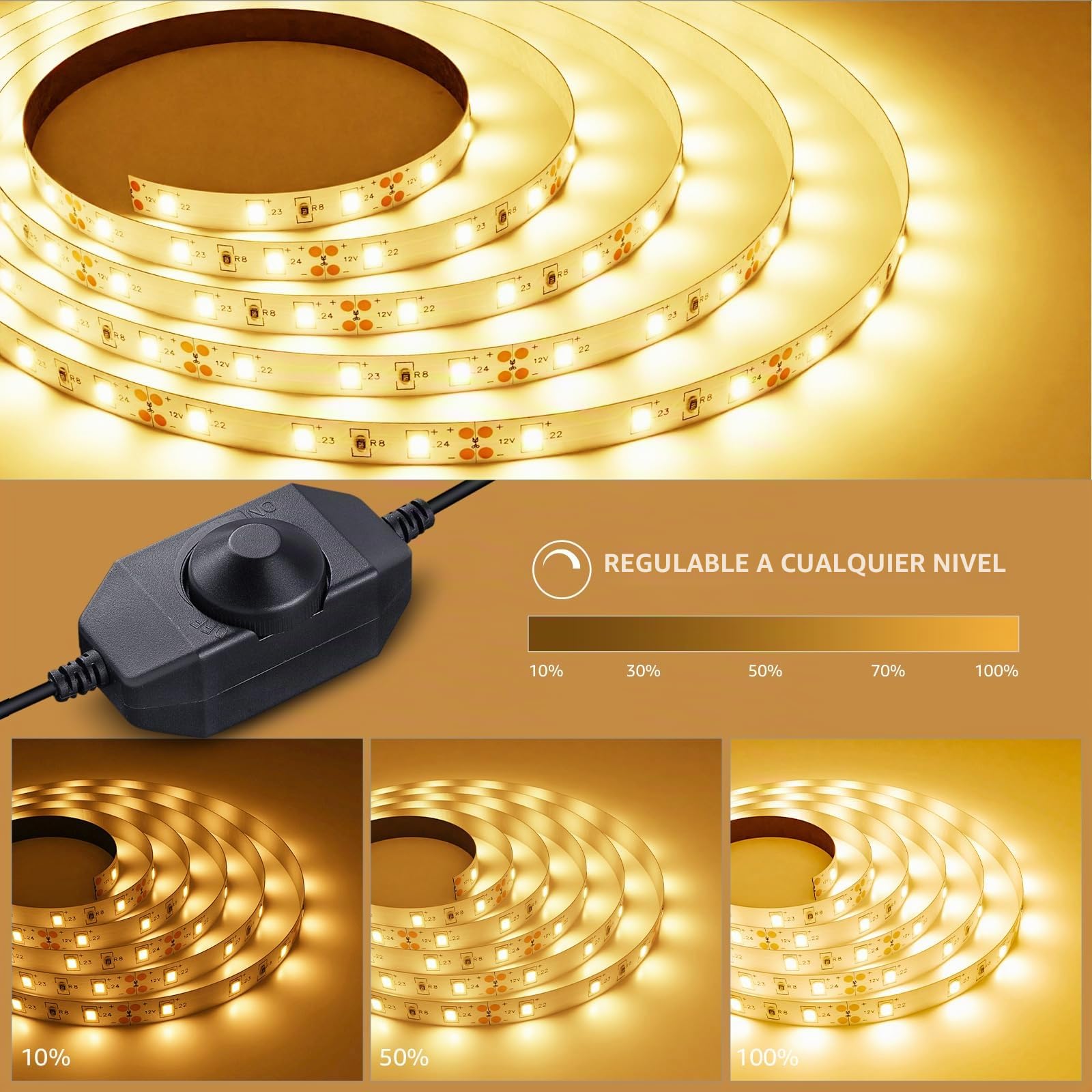 Lepro Tira LED Regulable, Luces LED Habitación 5M 1200lm, Blanco Cálido 3000K, 300 LEDs, Tira Luz LED para Gabinete, Armario y Más, Incluido Fuente de Alimentación de 12V y Regulador de Intensidad