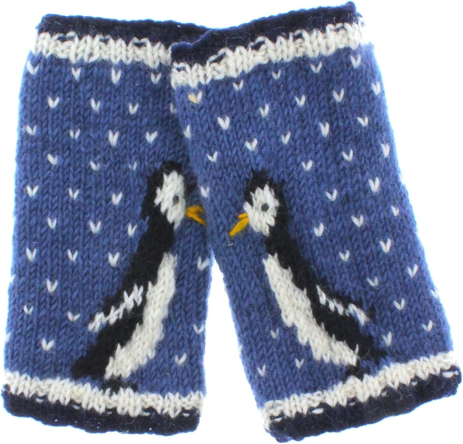 Pachamama Women's Blue Wool Hand Wrist Warmers Fleece Lined Handknitted Penguins One-Size Handmade Extra Warm Fair Trade
