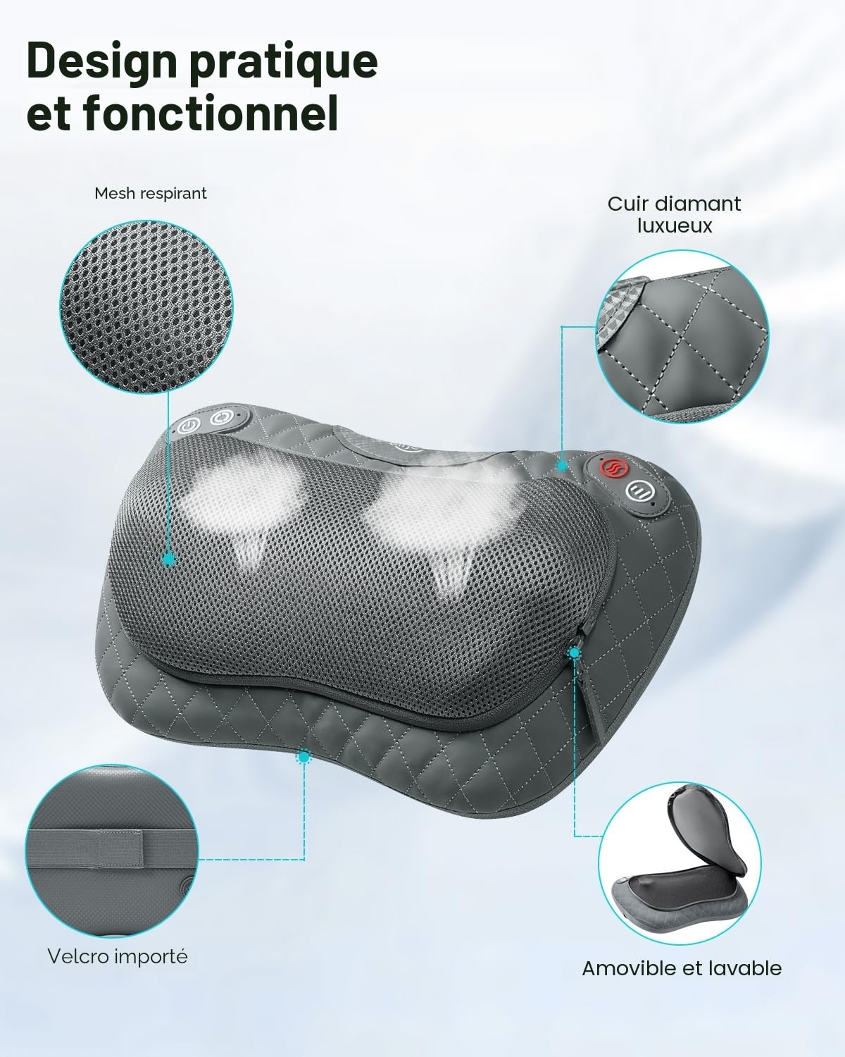 ALLJOY Coussin de Massage Sans Fil, Masseur Dos Chauffrant avec 4 Nœuds et 3 Vitesses Réglable, Appareil de Massage Shiatsu Nuque Cou Cervical, Cadeau pour Femme Homme pour Maison Bureau Voiture