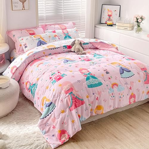 Miniatura 6 de Wajade Juego de edredón de princesa rosa para niños, cama en una bolsa, tamaño individual, 7 piezas, castillo de cuentos de hadas de princesa, juego