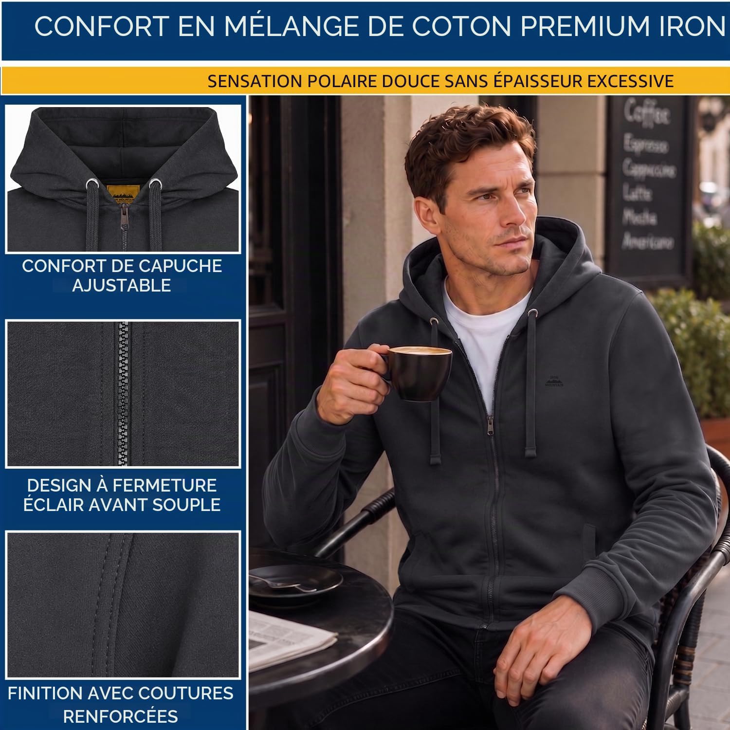 Iron Mountain Sweat à Capuche Zippé en Polaire pour Homme – Hoodie souple et confortable avec poignets côtelés