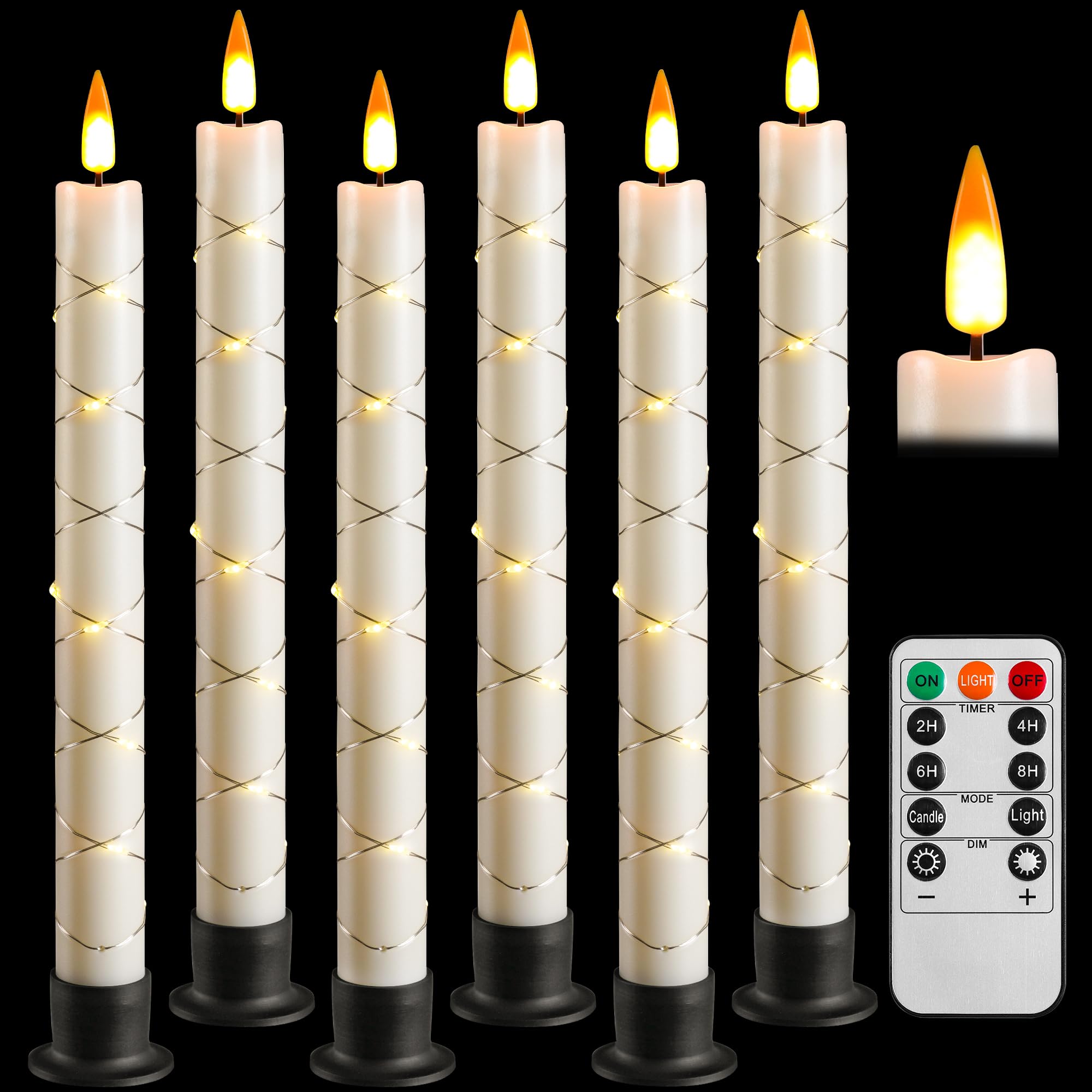 Da by6 Flameless Window Candles with Remote Control & Timer, Surround String Lights, Battery Powered, 9.6" Christmas Candles, Free 6 Black Bases for Home Décor