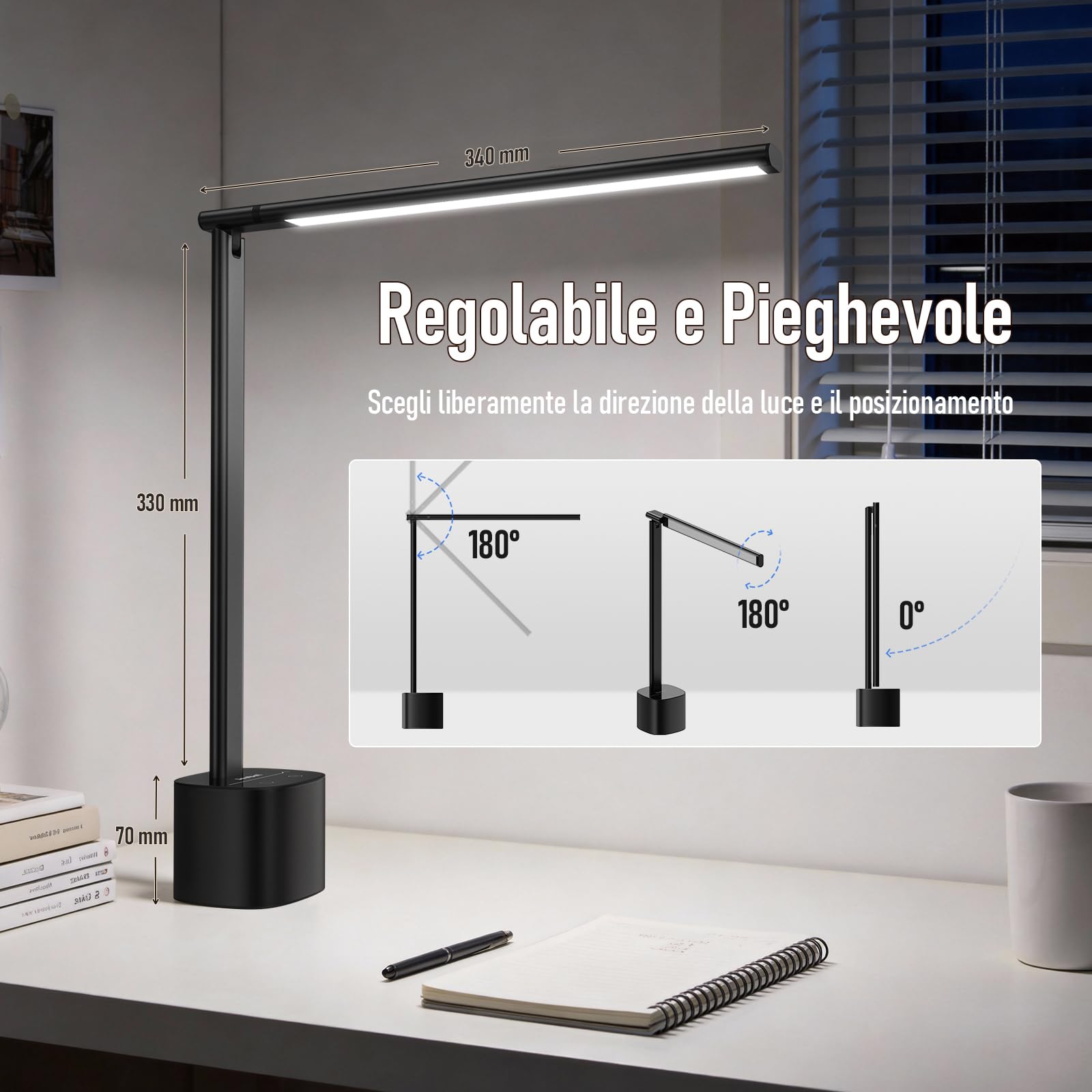 Jeebel Lampada Scrivania Wireless, 5000mAh Batteria LED Desk Lamp con Touch Dimmerazione Continua, 3 Temperature Colore, Angolo di Illuminazione Regolabile 180°, Portatile Luce Scrivania per Ufficio