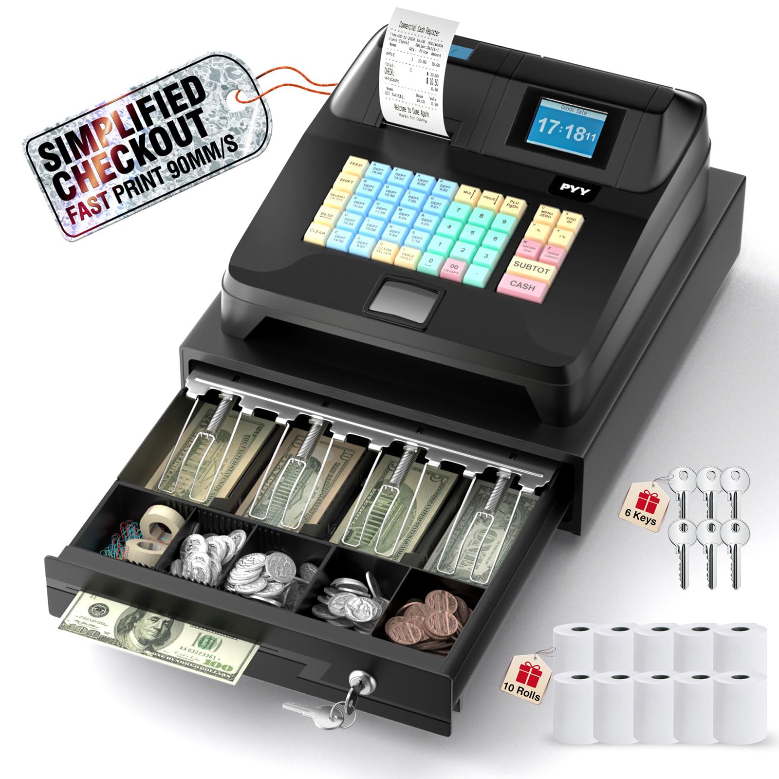 Photo 1 of PYY Cash Register for Small Businesses - Electronic Commercial Caja Registradora para Negocio with Locked Cash Drawer Box, 8 Digital Dual Display, Cashing System Restaurant Supermarket