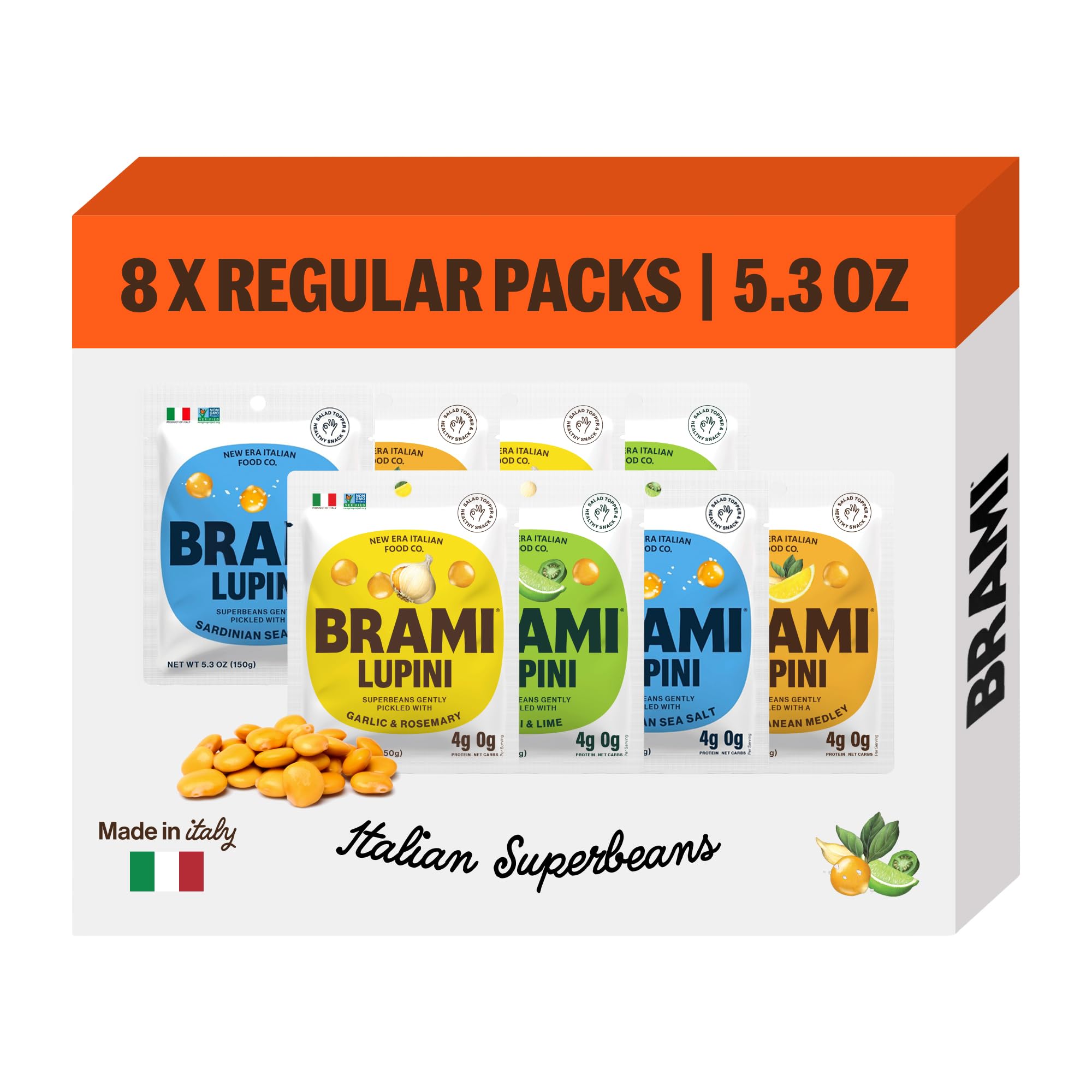 BRAMI Lupini Beans Snack, Variety Pack | 7g Plant Protein, 0g Net Carbs | Vegan, Vegetarian, Keto, Plant Based, Mediterranean Diet, Non Perishable, 5.3 Ounce (Pack of 8)