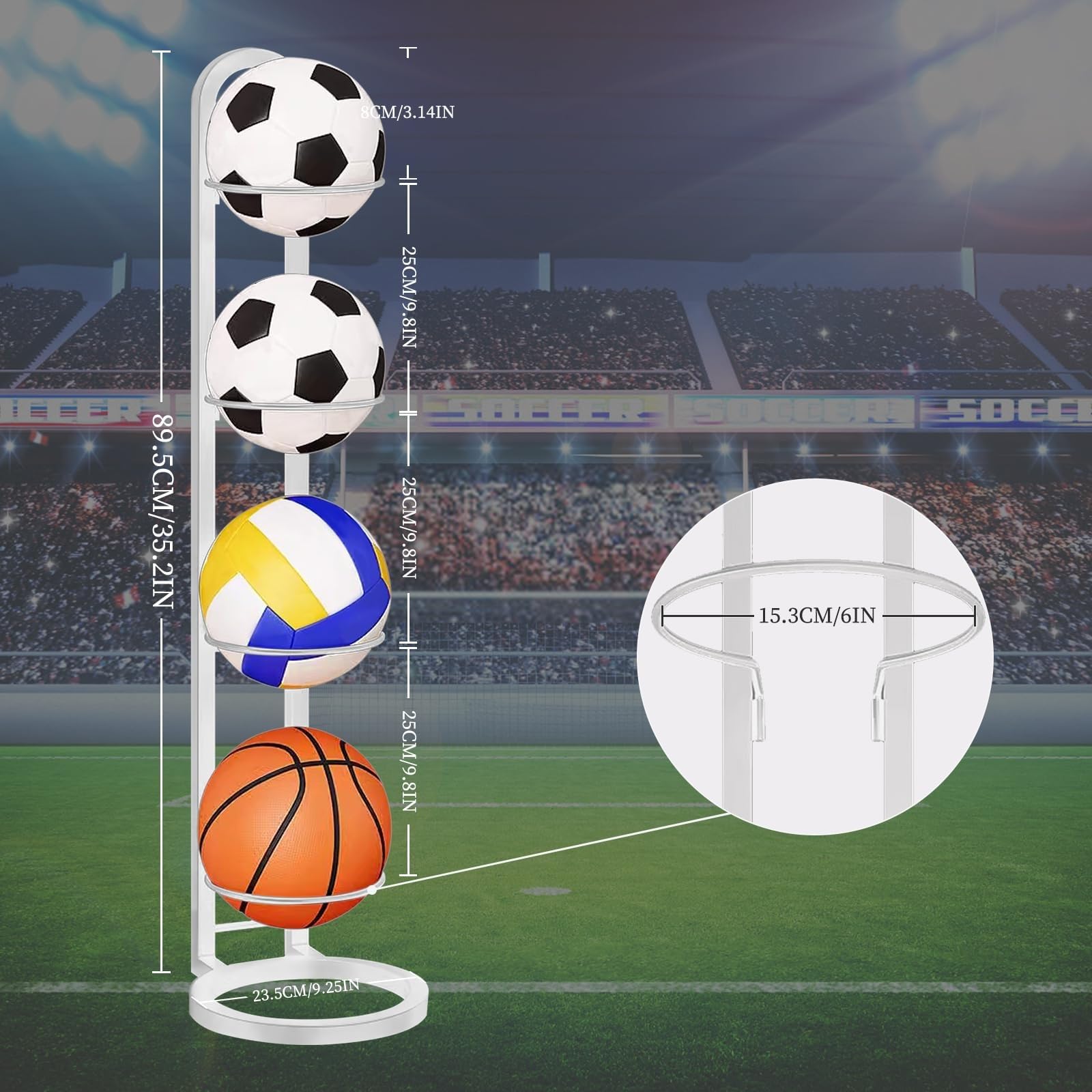 4-poziomowy sportowy stojak ekspozycyjny ze zdejmowaną kostką do koszykówki, piłki nożnej, siatkówki, trwały stojak podłogowy do przechowywania sprzętu i prezentacji