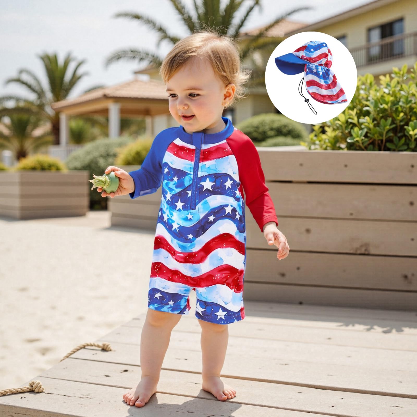 KMBANGI Newborn Toddler Baby Boy 4th of July Swimsuit Kids Rash Guard Long Sleeve One Piece Bathing Suit Flag Swimwear Hat (Blue, 0-3 Months)