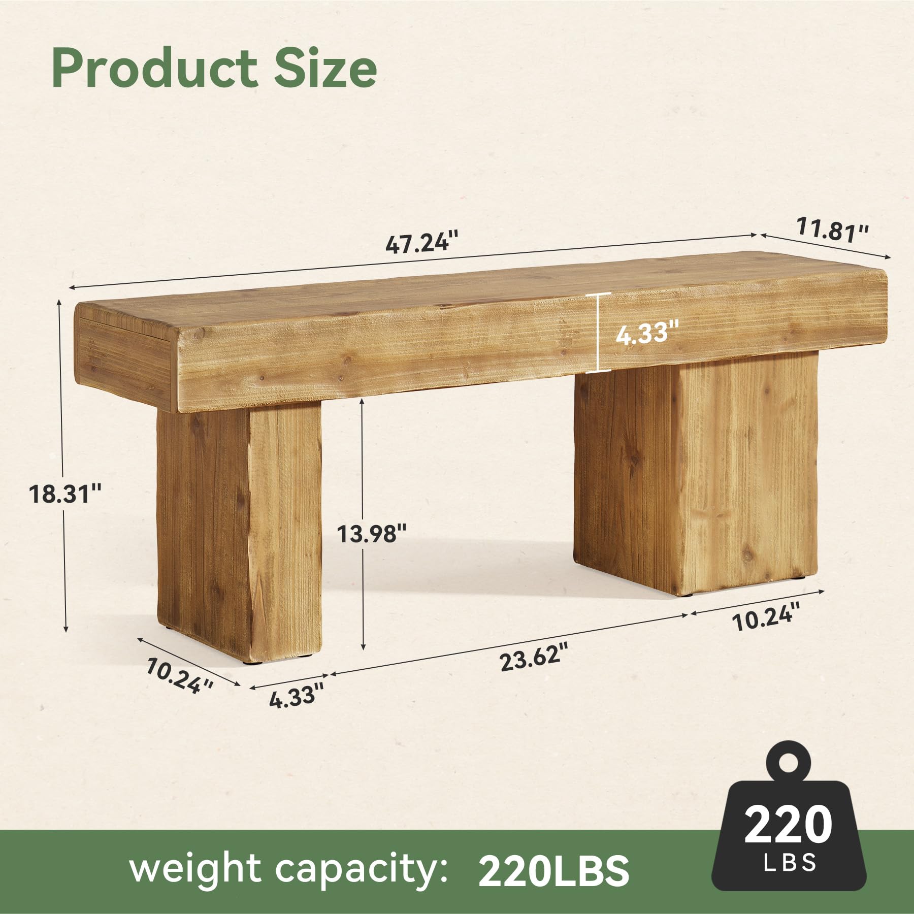 Banco de Madera Maciza de 120 cm – Banco rústico para Comedor, Banco de Entrada, Zapatos, Asiento para Sala de Estar, Dormitorio, Pasillo, Punta de Cama, Muebles Marrones