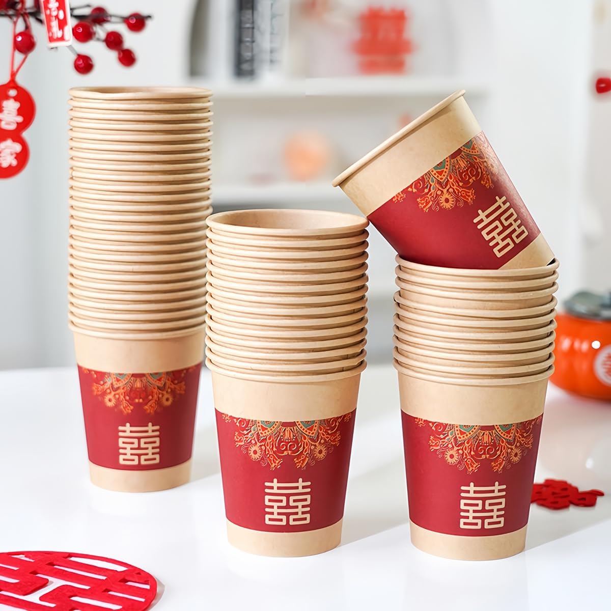 DOERDO 50Pcs Disposable Paper Cups Coffee Cups Hot Cold Tea Cups Beverage Drinking Paper Cups for Chinese Style Wedding Party Supplies - Image 3